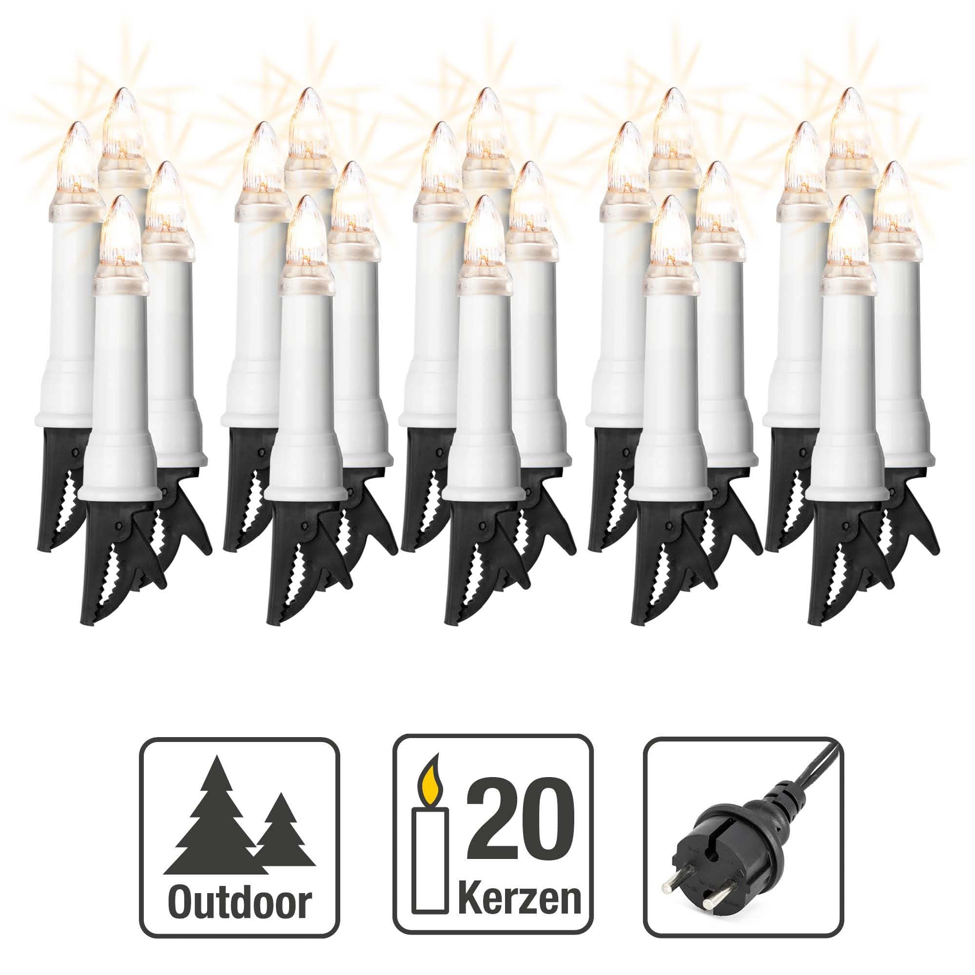 hellum Oświetlenie choinkowe do wewnątrz i na zewnątrz, 20 x świeca ryflowana, trzonek biały, łańcuch świetlny choinkowy z zielonym kablem, odległość oprawy 45 cm, w zestawie lampki zapasowe 640205
