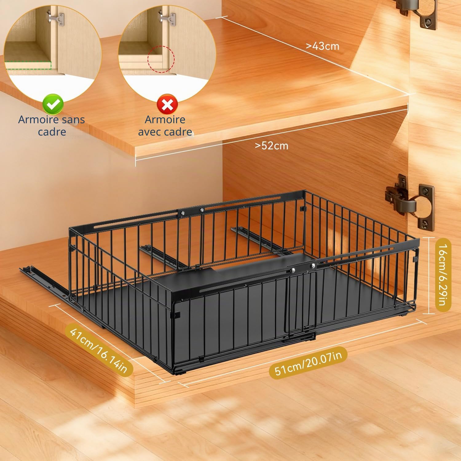 Lot de 2 Tiroirs Coulissants pour Placard de Cuisine - Organisateur de Rangement Coulissant Extensible, Largeur Réglable de 30 à 51 cm, Sans Perçage, Universel pour Cuisine, Salle de Bain, Dressing
