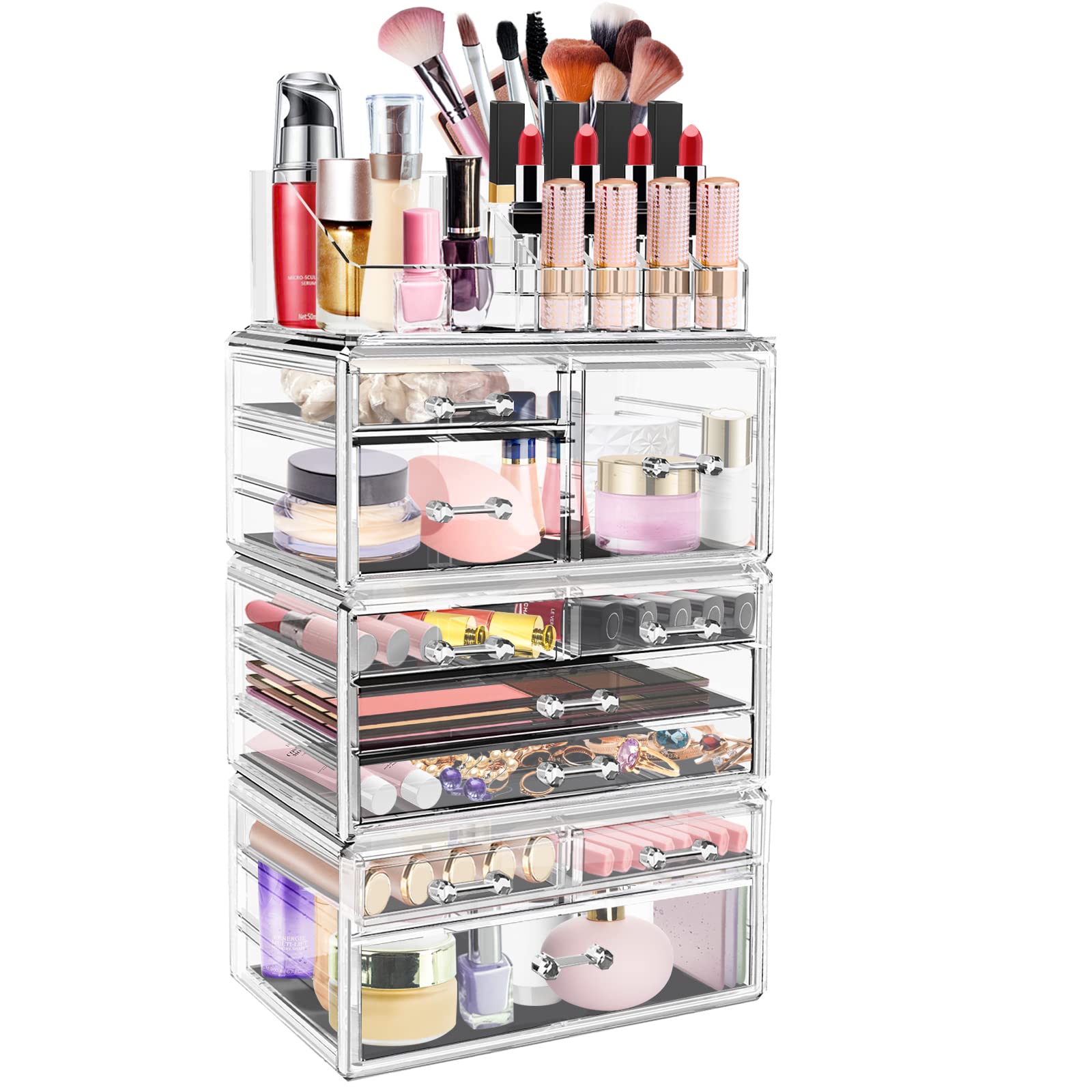 Clear Acrylic Makeup Organiser Drawers, Stackable Cosmetic Display Box with 10 Drawers, Large Lipstick Storage Organizer for Makeup Brush Nail Polish Skincare Jewelry Vanity Bathroom Dresser