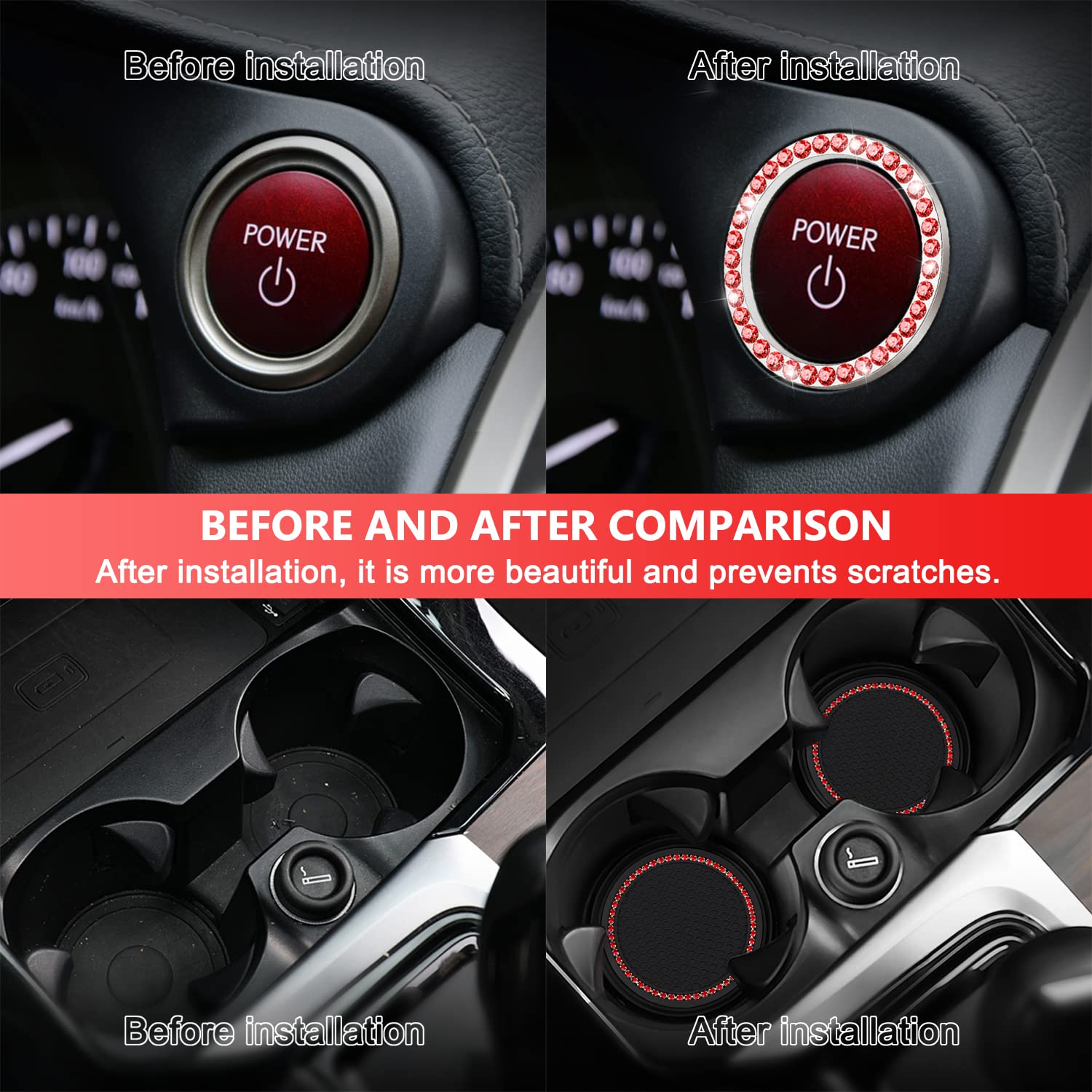 Ouzorp Car Cup Holder Coaster with Push Start Button Bling 4Pcs Bling Crystal Rhinestone Car Interior Accessories red — view 2