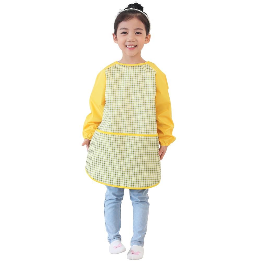Plie Kids Painting Apron - Waterproof Long Sleeve Art Smock for Toddlers & Preschoolers, Messy Play, Baking, Crafts, Cooking, Sensory Activities (Ages 1-10), Green Check (17-XL)