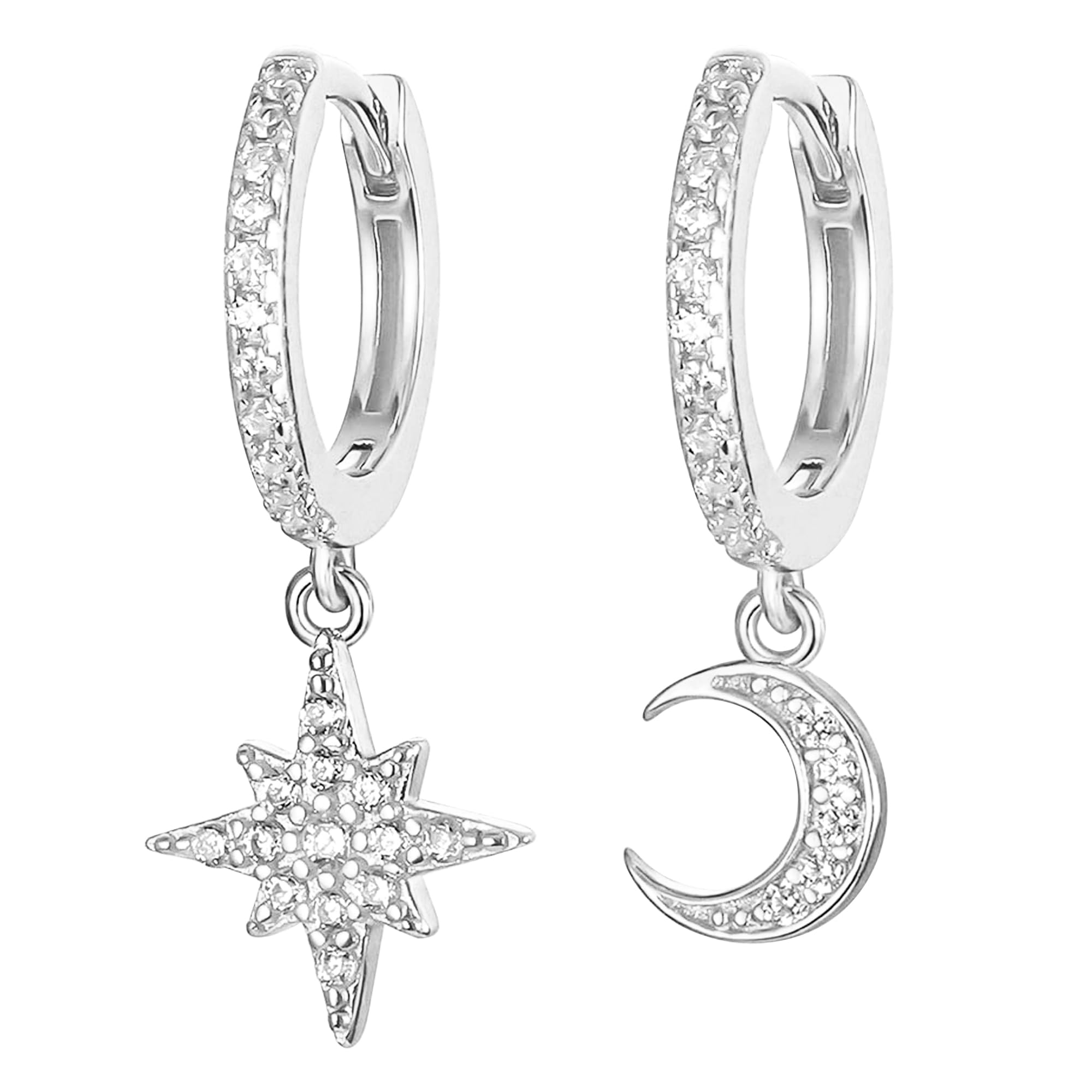 JUZICHEN Pendientes Niña Plata 925, Pendientes Aro Niña Mujer, Pendientes Estrella Luna Flor, Pendientes Oro Niña, Pendientes Niña Hipoalergenicos, Pendientes Aro Plata Con Colgante Circonita