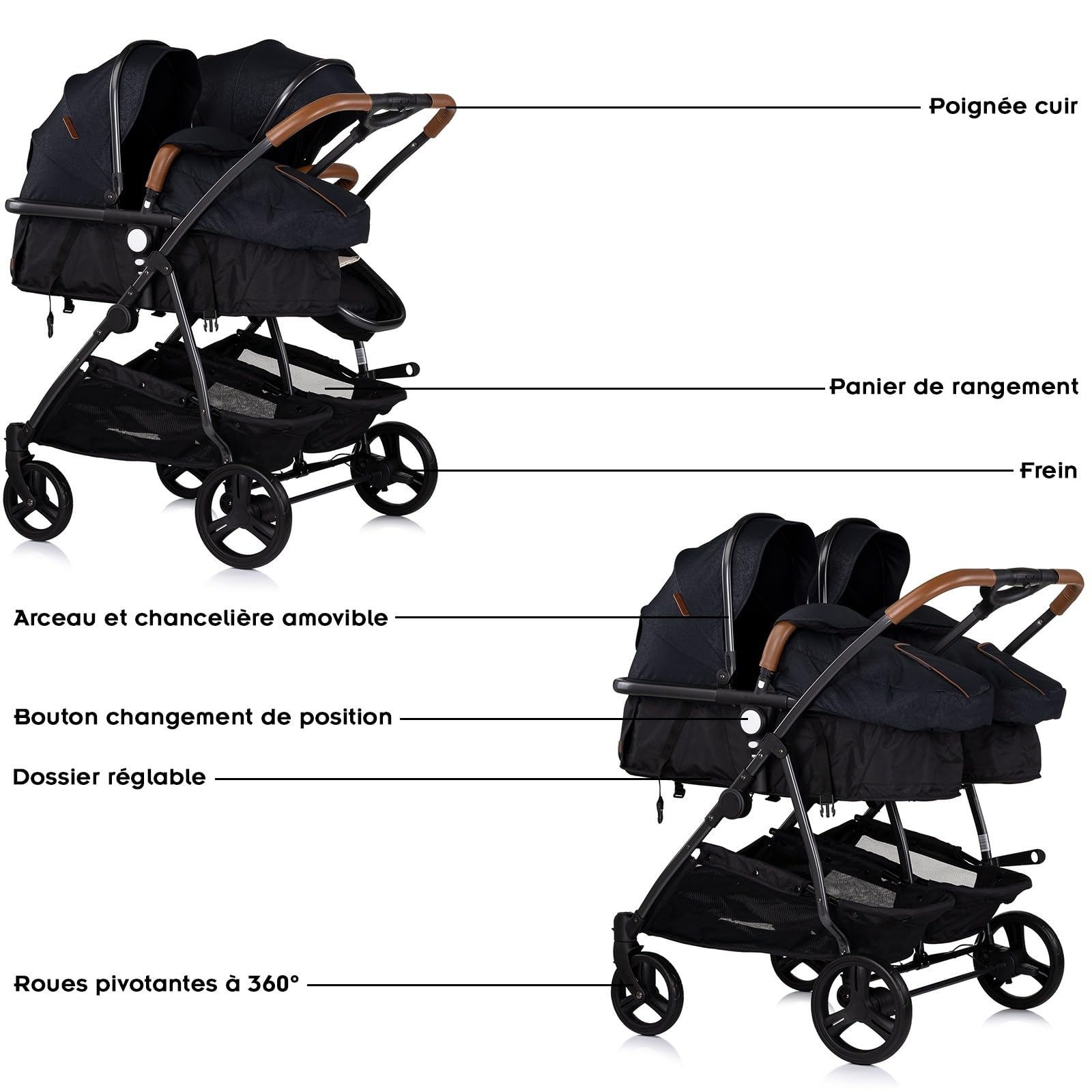 DUO SMART - Cochecito gemelos o niños juntos, ancho 79 cm, color negro sin acogedor