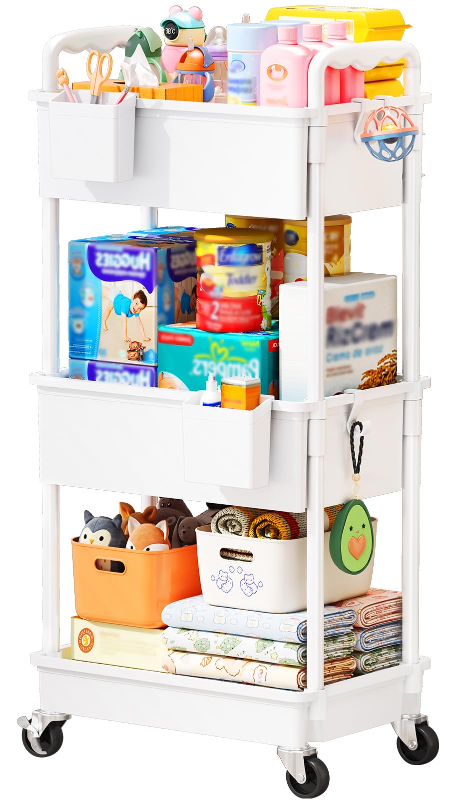 SUNALLY Baby Diaper Caddy Cart, 3 Tier Rolling Diaper Cart with Lockable Wheels for Nursery Essentials, Large Capacity & Easy Assemble Diaper Storage Organizer for Newborn,New Mom, White-image-35