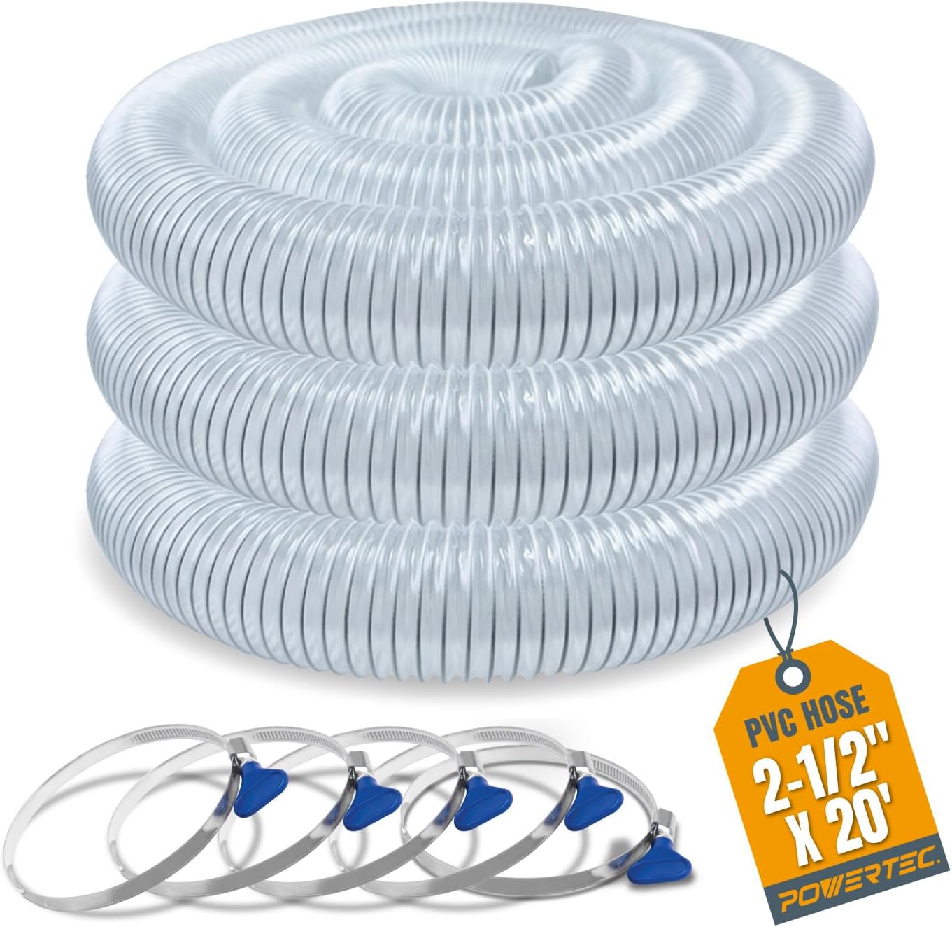 POWERTEC 2-1/2" x 20' PVC Dust Collection Hose with 5 Clips
