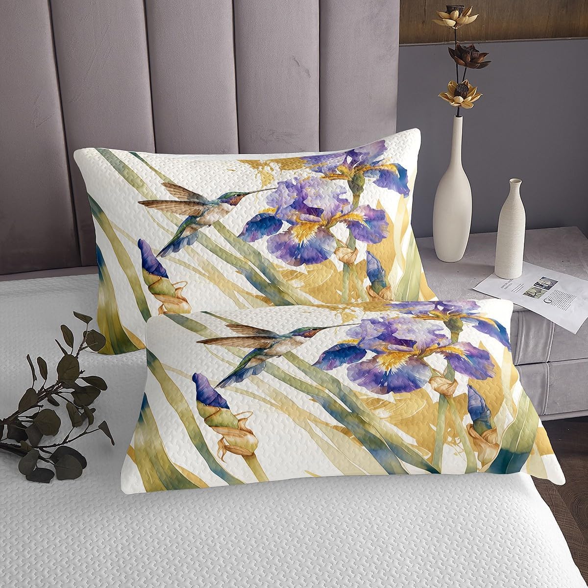 Erosebridal Cute Birds Queen Quilt Set Hummingbird Printed Bedspread Set,Purple Floral Coverlet Set Girls Flower Bedding Set Tropical Botanical Bed Spread Spring Theme Home Decoration,3pcs