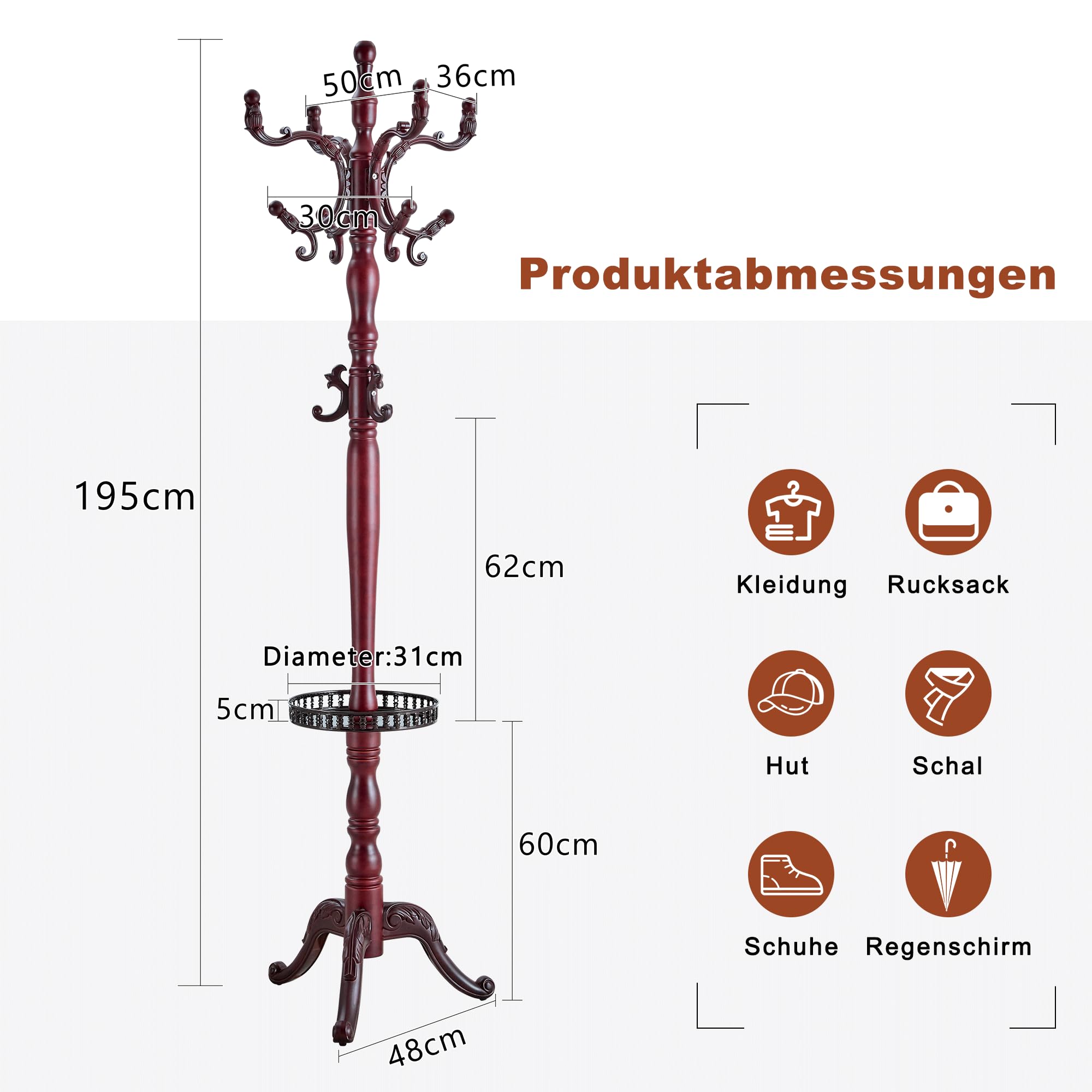 Perchero de Pie de Madera Maciza, Estilo Europeo para Pasillo, Nogal, 195 cm