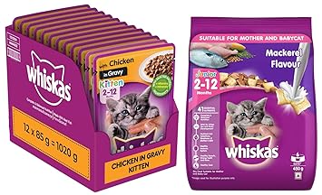 Whiskas Wet Food for Kittens (2-12 Months), Chicken in Gravy Flavour, 12 Pouches (12 x 85g) & Kitten (2-12 Months) Dry Cat Food , Mackerel Flavour, 450g Pack