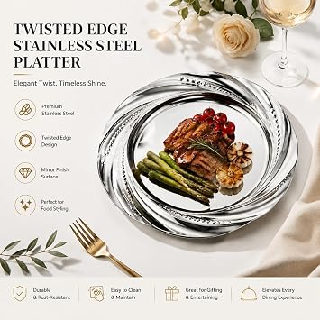 ZENFUN 6 Pack Stainless Steel Plate, Round Dinner Plates, Silver Charger Plates, Flower Spiral Dinner Chargers, Decorative Plates for Table Setting, Wedding, Parties, Outdoor Receptions