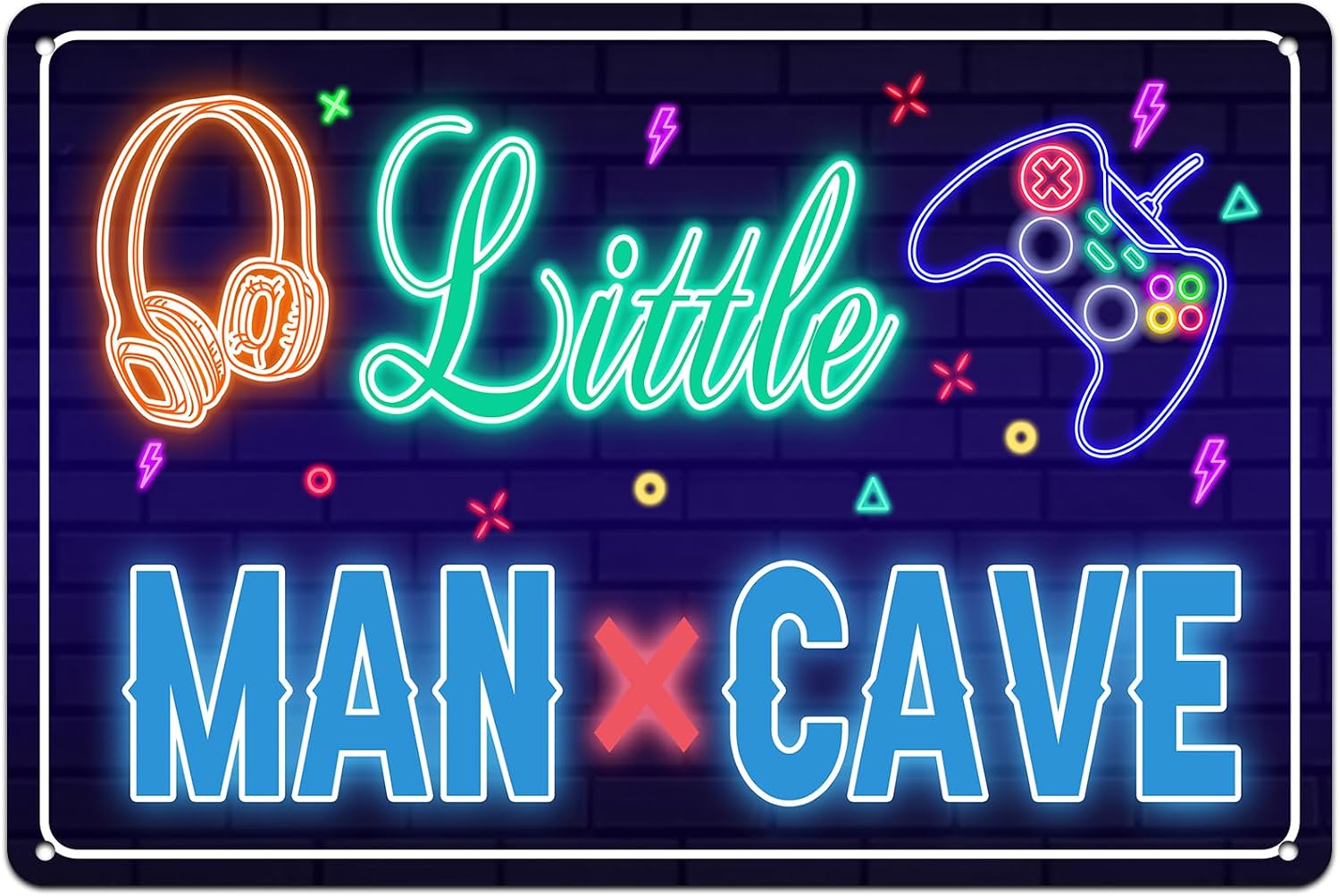Little Man Cave Neon Wall Decor Sign, Gamer Room Aluminum Plaque, Retro Gift for Boys Bedroom, Playroom, Kids Gaming Space 8x12 Inch (26023)