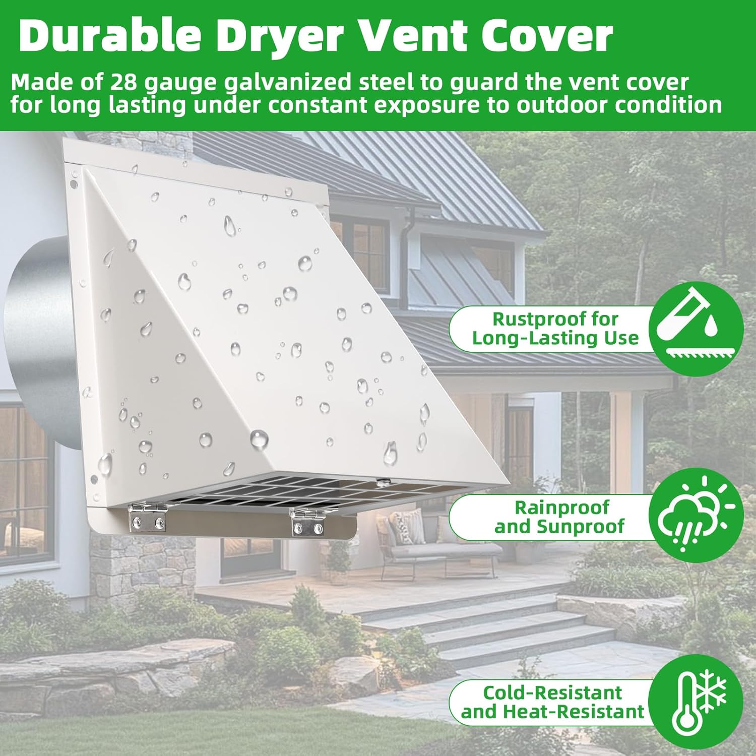 6 Inch Hooded Wall Vent with Mesh&Damper,6''Exhaust Vent Cover,6in Dryer Vent Cover Outside Metal Wall Exhaust Vent Cap Hood for Outdoor Kitchen Range Hood/Bathroom Exhaust Duct-Galvanized Steel,White