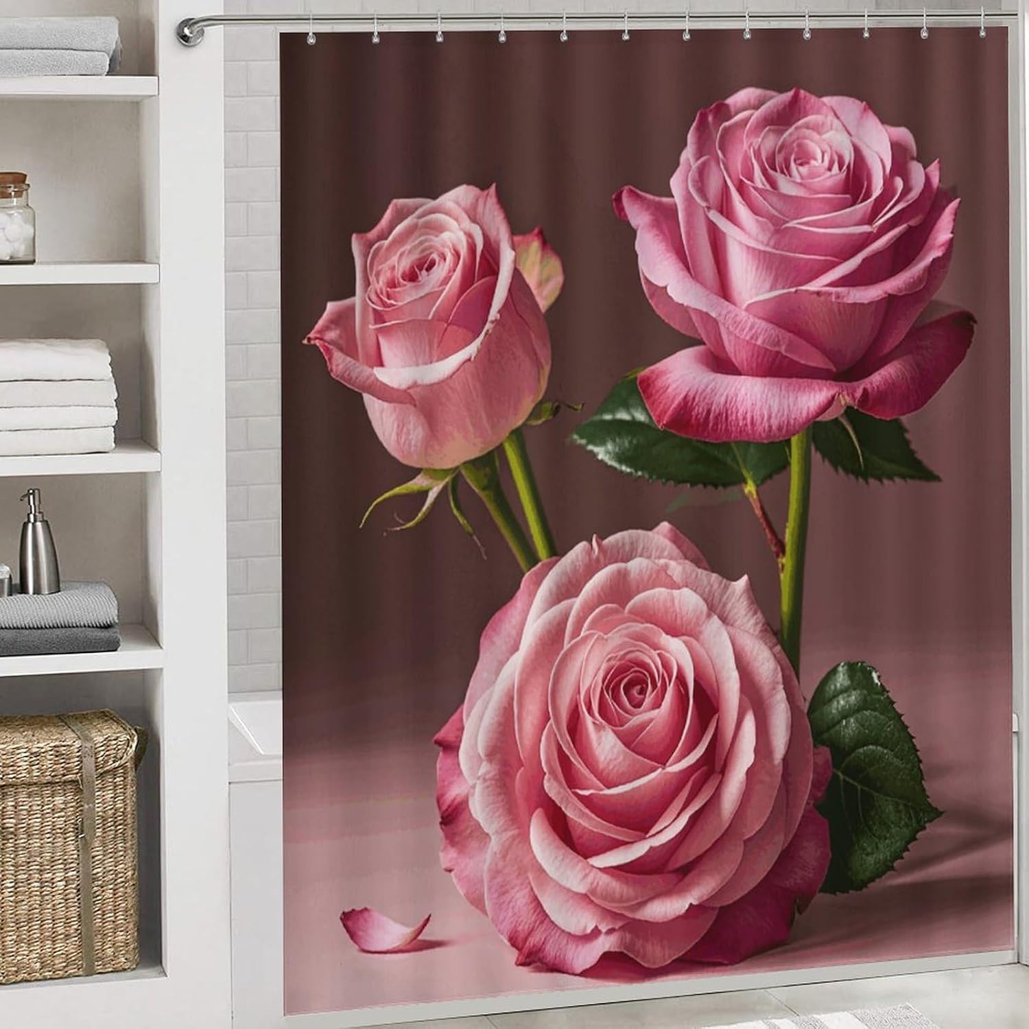 and Rose Shower Curtain Set 4 Piece, Non-Slip Bath Mat with Toilet Lid Cover and Waterproof Shower Curtain with 12 Hooks, Complete Bathroom Set for Home Decor