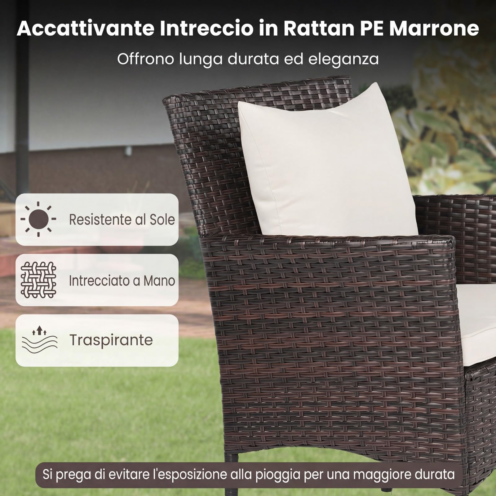COSTWAY Set da Salotto da Giardino 3 Pezzi, 3 Pezzi Set Mobili da Esterno in Rattan con Tavolo in Vetro Temperato a Doppio Ripiano, Set da Conversazione con Cuscini per Veranda (Marrone+Bianco)