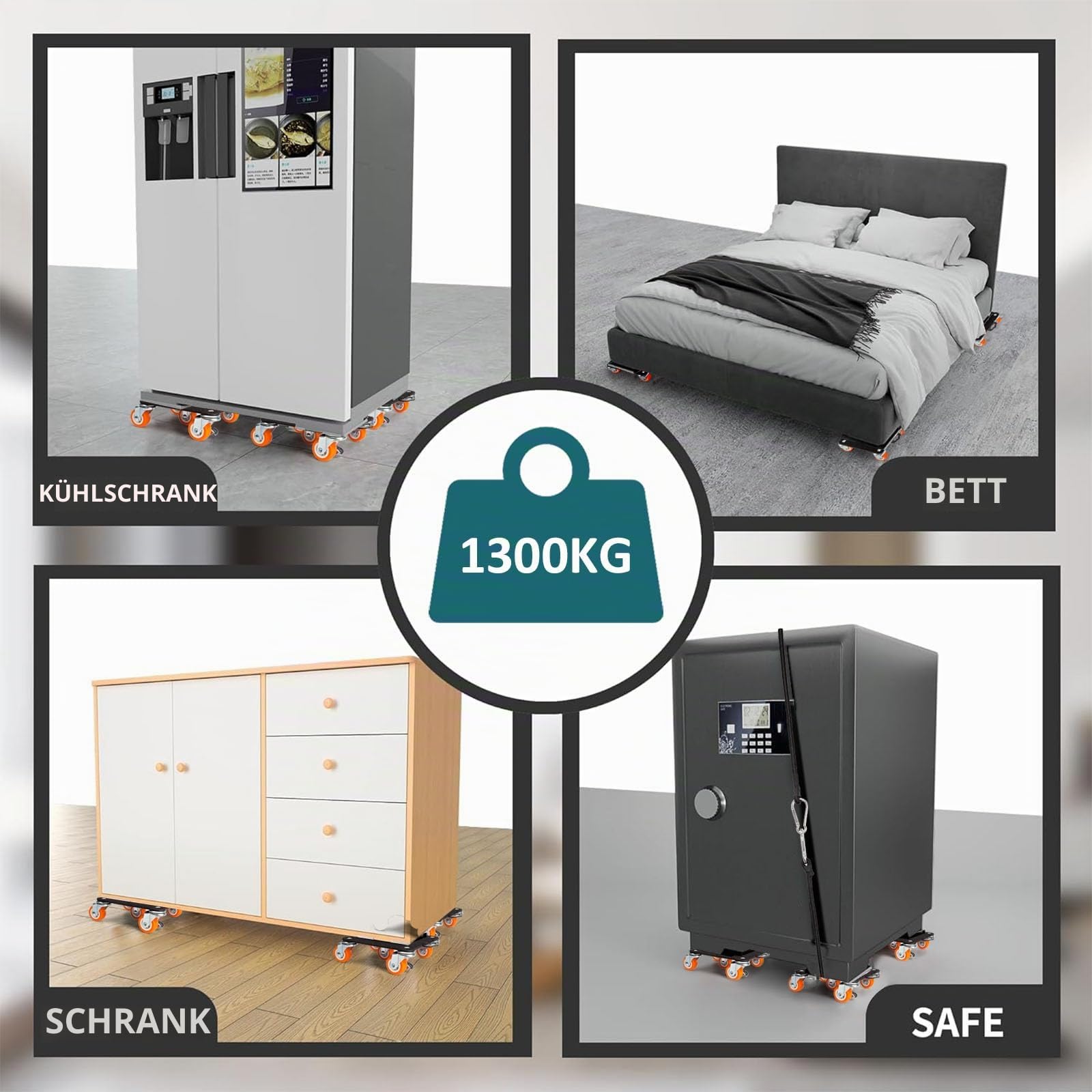 Möbelrollen Schwerlast, Möbel Transportrollen Set 1300kg Kapazität | Möbelheber und Transportrollen für Schwere Möbe,Profiwerkzeug zum Umzug von Möbeln, 5 Räder mit Abnehmbarem Seitenschutz