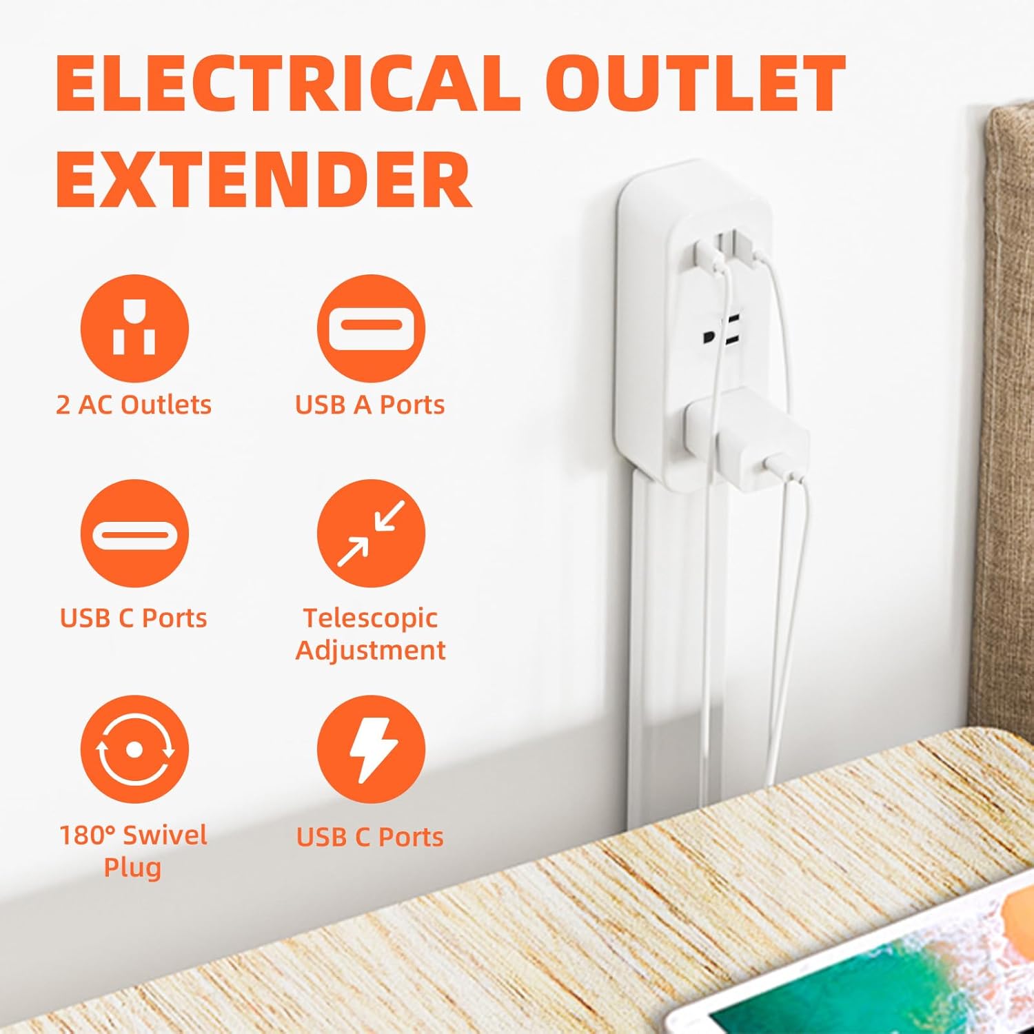 Electrical Outlet Extender Stick Features USB-A, USB-C, and 2 AC Electrical Outlet Extender for Hard to Reach Spaces Extends 22"-27", Rotates 180°. Use Behind Couches, Nightstands, Desks (Model 3)