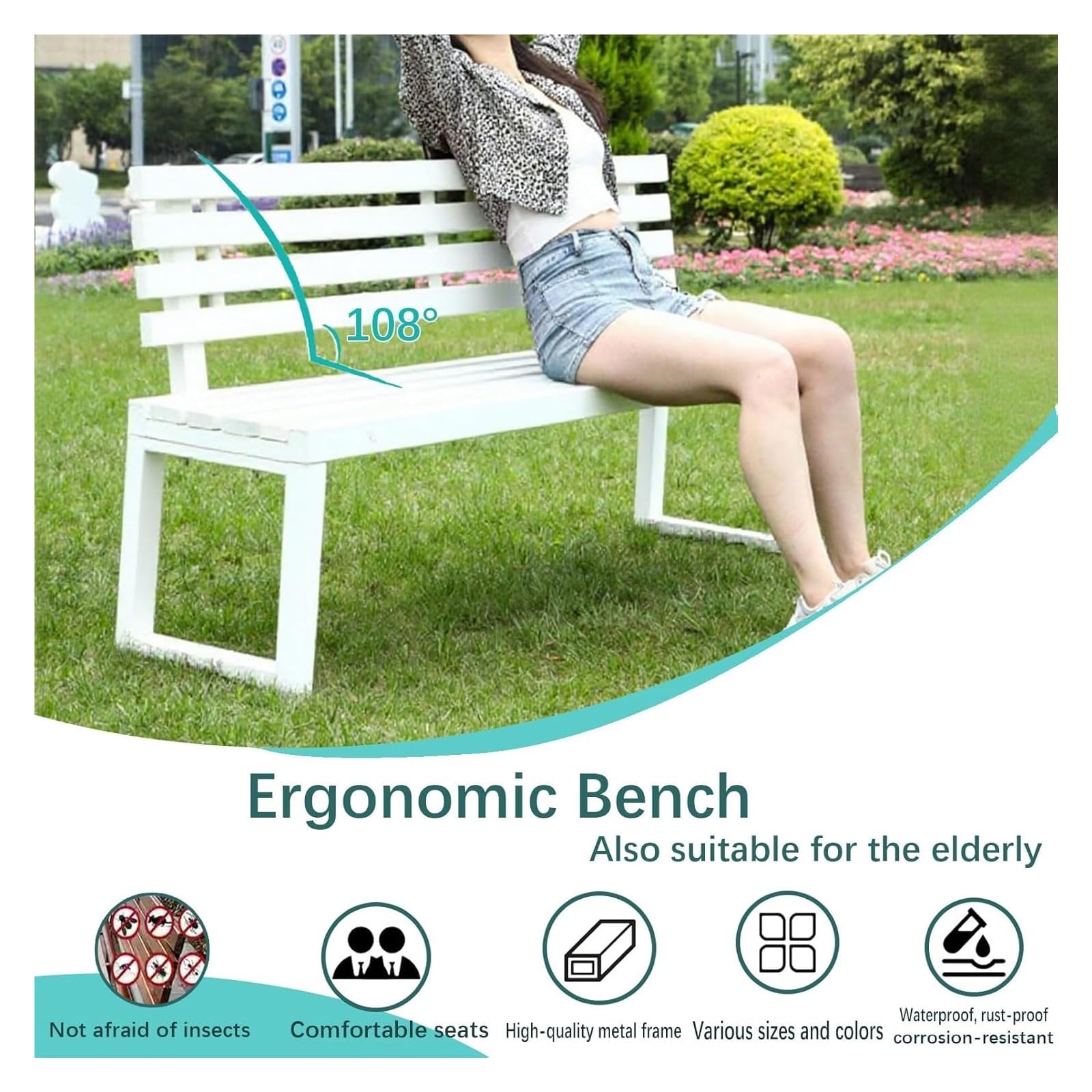 Banco de jardín cómodo, asiento de porche de ocio, banco de parque de metal resistente, acero resistente, resistente a la intemperie y perfecto para uso en exteriores, para patio, parque
