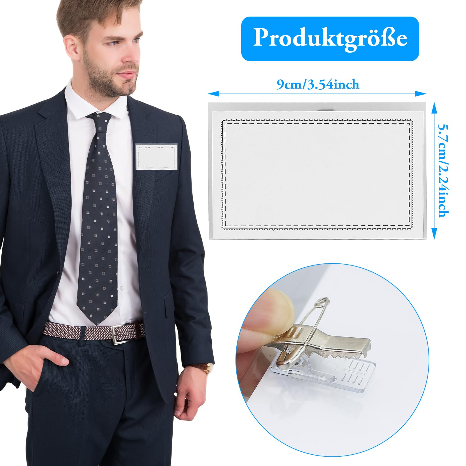 Targhette per nome trasparenti 90 x 56 mm con clip per vestiti