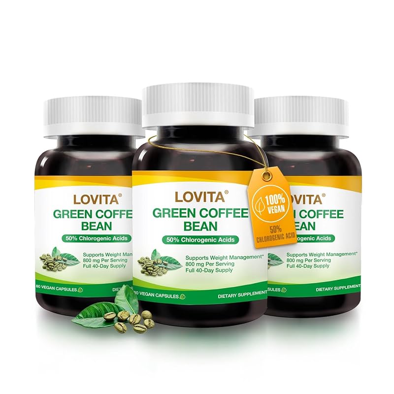 LOVITA Extrato de Café Verde 800 mg, 3 frascos com 80 cápsulas veganas
