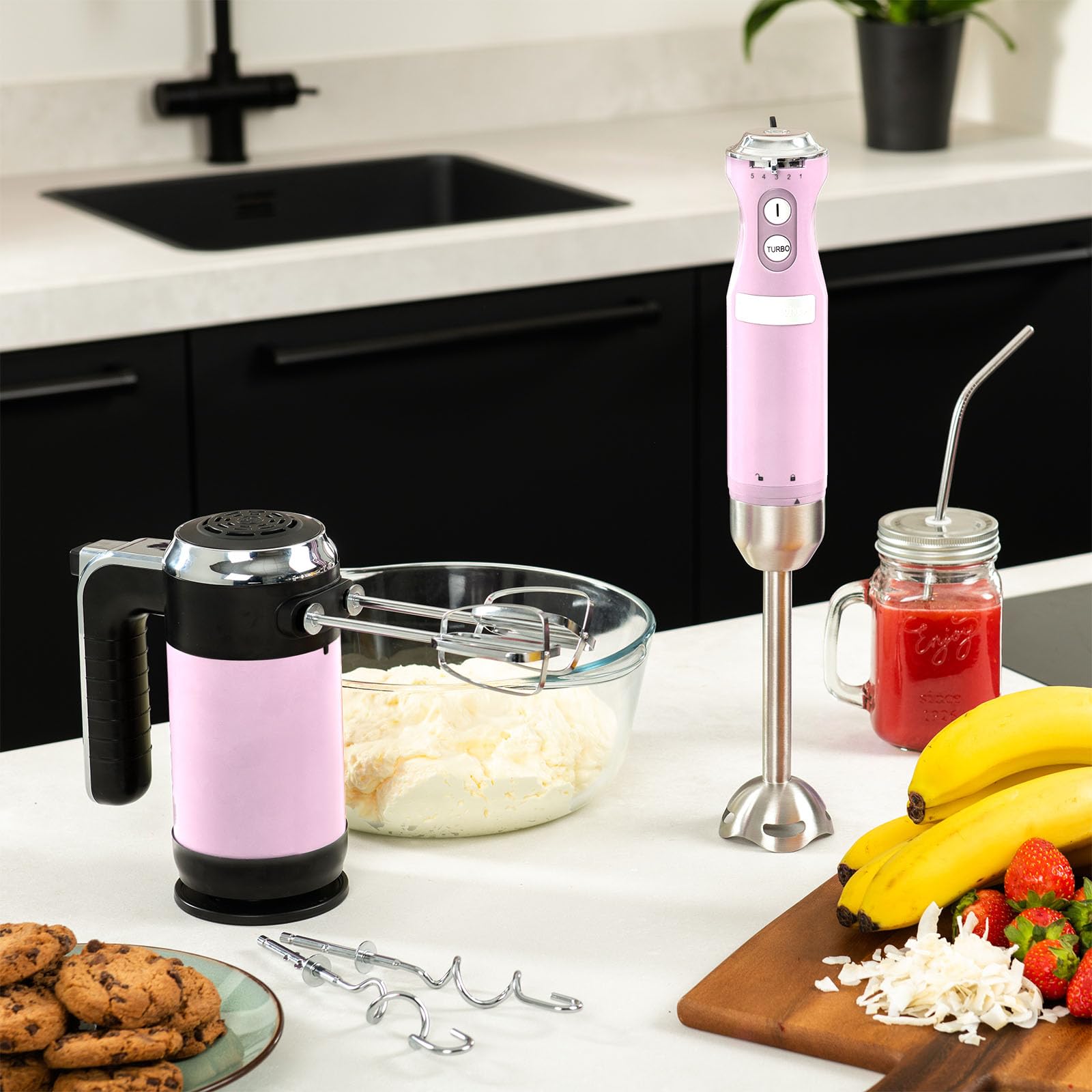 Westinghouse Retro-Stabmixer, Turbofunktion, Handblender, Edelstahl-Mixfuß, spritzarm, 600 W, rosa