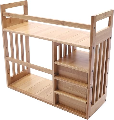 Miniatura 7 de Estantería de escritorio de bambú, estante de doble capa para encimera con 3 cajones, estante organizador de estantería de escritorio para oficina y