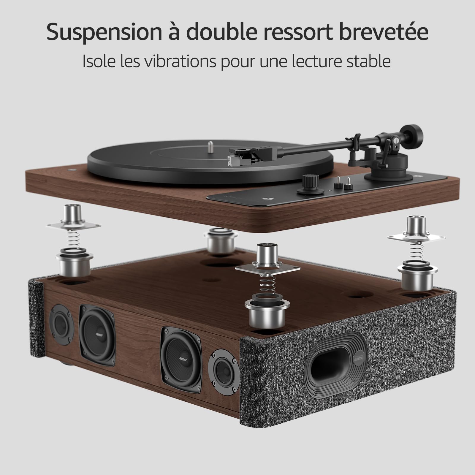 STACKSTONE x JAMO DS07 Platine Vinyle Bluetooth 5.2 avec Haut-Parleurs Intégrés, Suspension Anti-Vibration Double, Cellule AT3600L, Son Hi-FI, 33/45 Tours, Design Scandinave, Noir