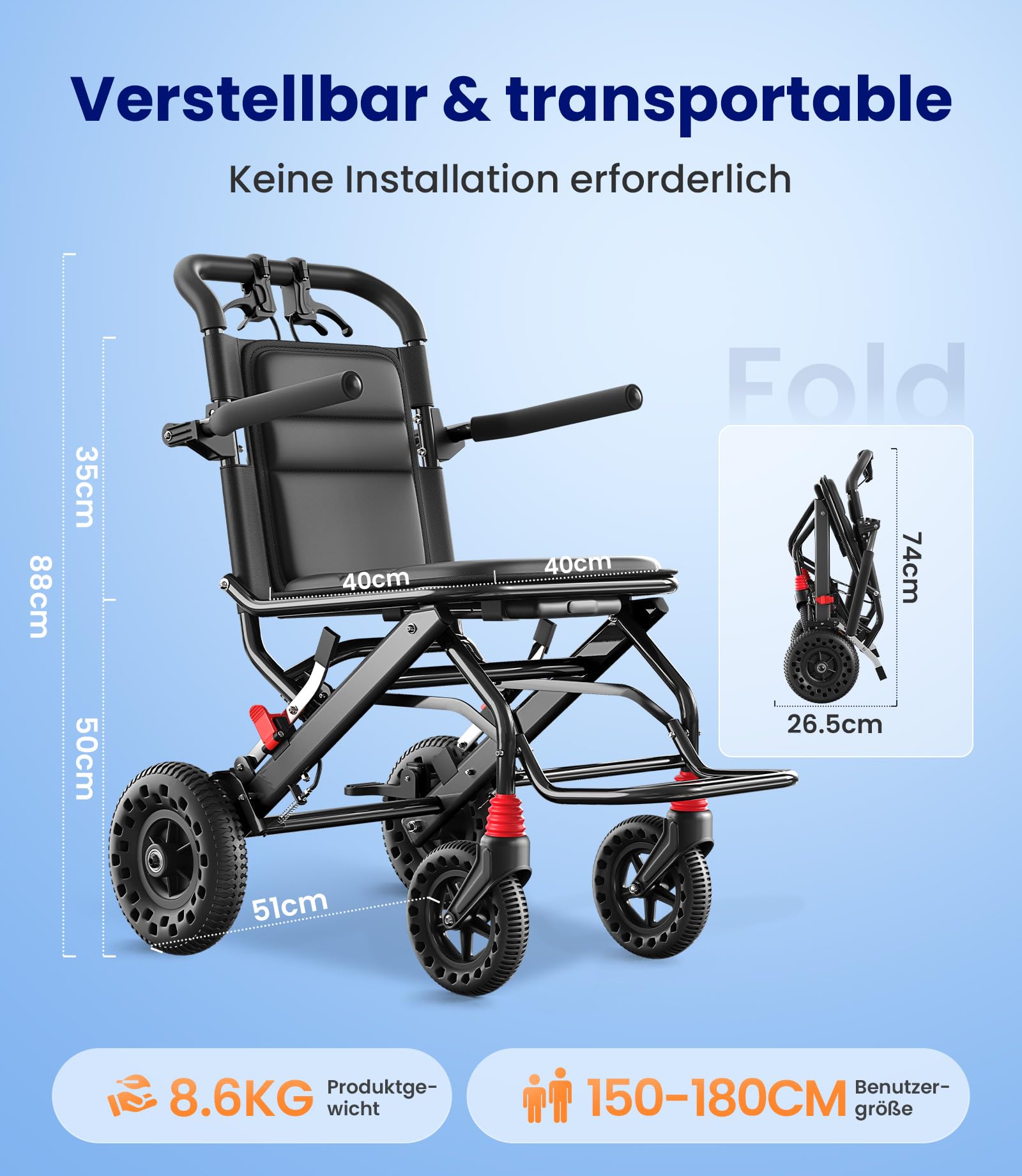 VOCIC U41 Fauteuil Roulant Pliable Ultraléger 8.6KG | Chaise roulante de transport voyage en avion,pneus honeycomb 20CM tous terrains,aluminium compact étroit (Noir)