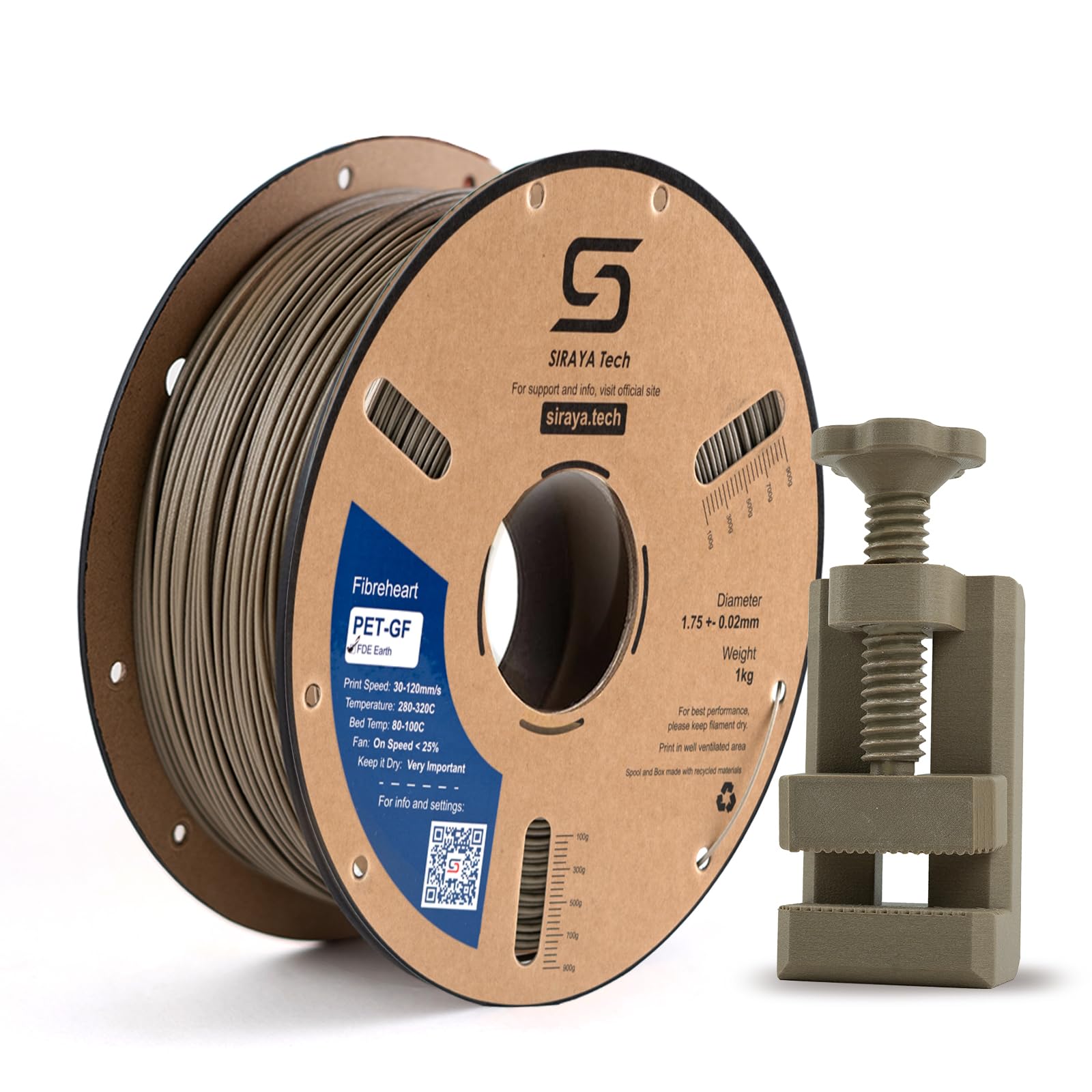 Siraya Tech Fibreheart PET-GF FDE Earth 3D Printing Filament, 1kg - 15% Glass Fiber Reinforced, Flat Dark Earth, UV Resistant, Low Moisture Absorption