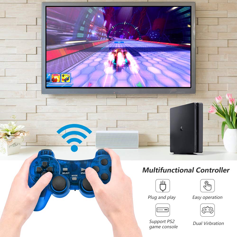 Achort Wireless Controller for PS2 Playstation 2.4G Gamepad Joystick Remote with Dual Shock Vibration Sensitive Control Wirelless Receivers (ClearBlue and ClearGreen)