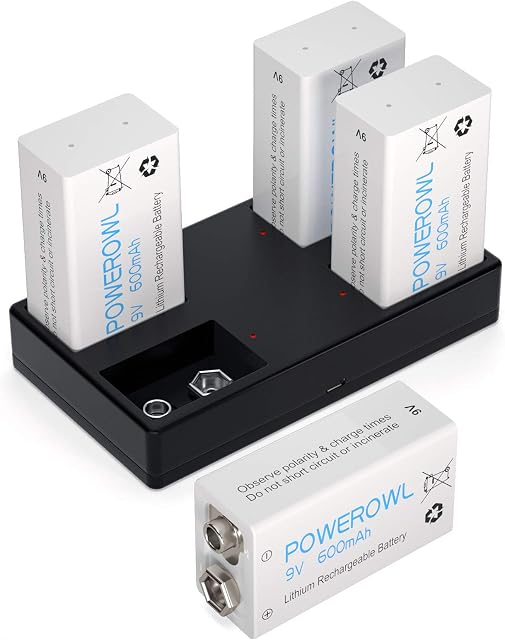 9v Rechargeable battery with Charger, POWEROWL 600mAh Rechargeable 9V Batteries for Microphone, Smoke Alarm and other devices(Low Self-Discharge - 4 Pack)