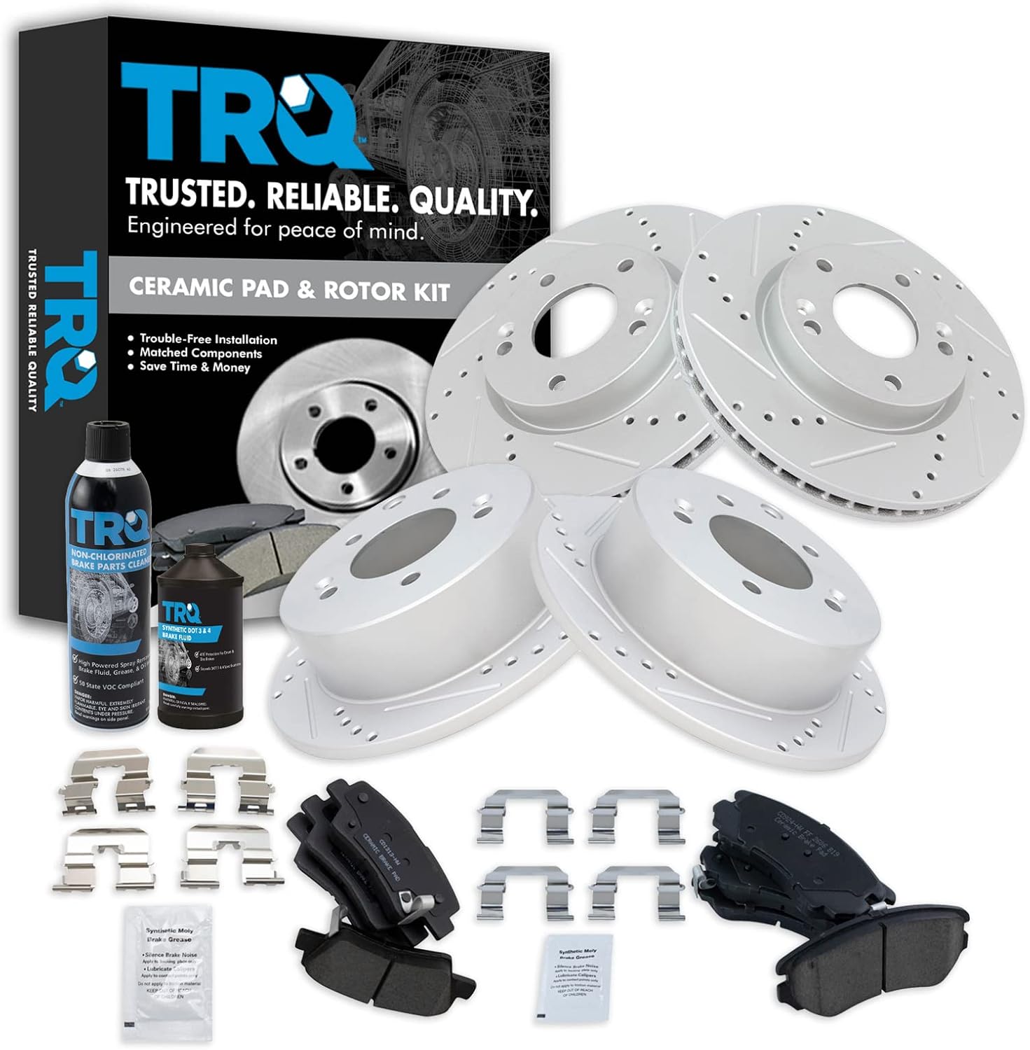 TRQ Front and Rear Performance Brake Pad & Rotor Kit Brake Chemical Kit Brake Pads Brake Rotors Set Ceramic Premium G-Coated Compatible with 2012-2013 Kia Soul