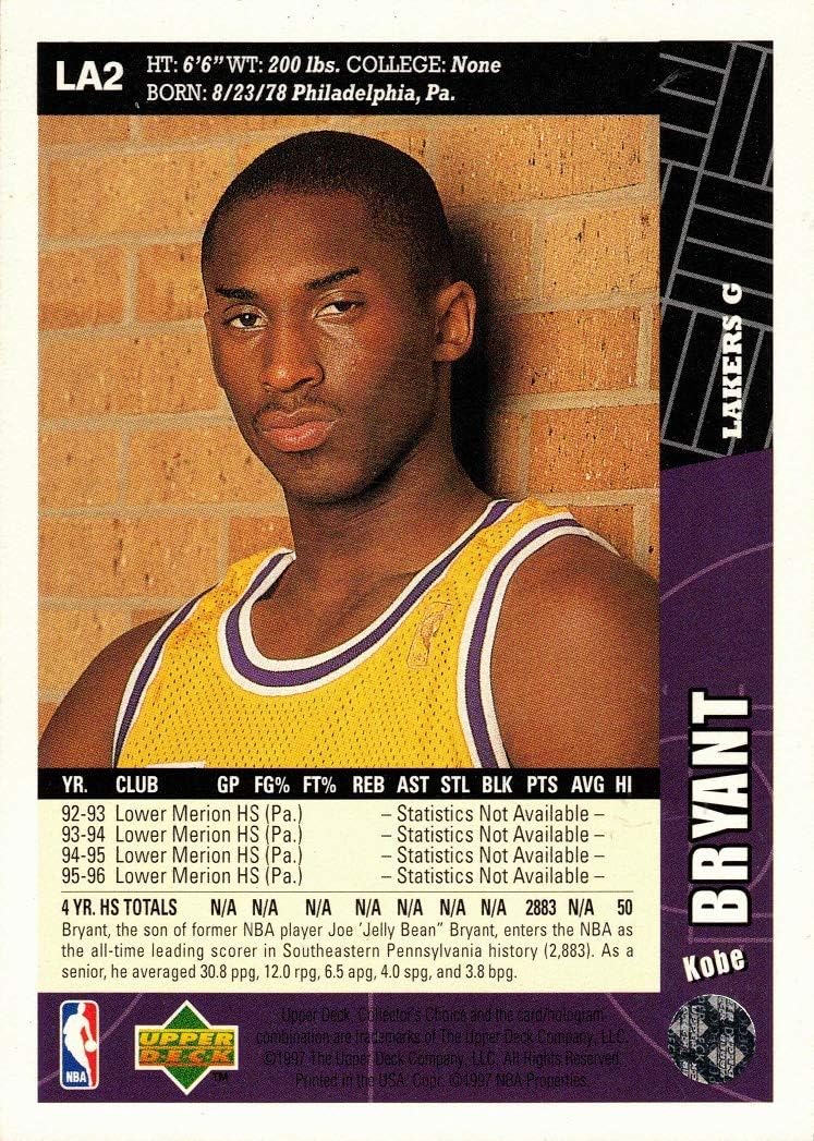 1996-97 Upper Deck Collector's Choice Lakers Team Basketball #LA2 Kobe Bryant Rookie Card