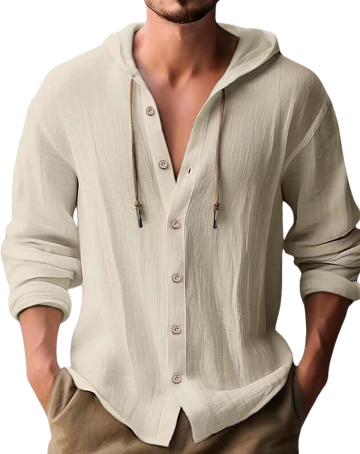 Grafumo Cotton Linen Hoodie for Mens Summer Casual Long Sleeve Solid Button Down Hawaiian Beach Shirt Tops with Hood