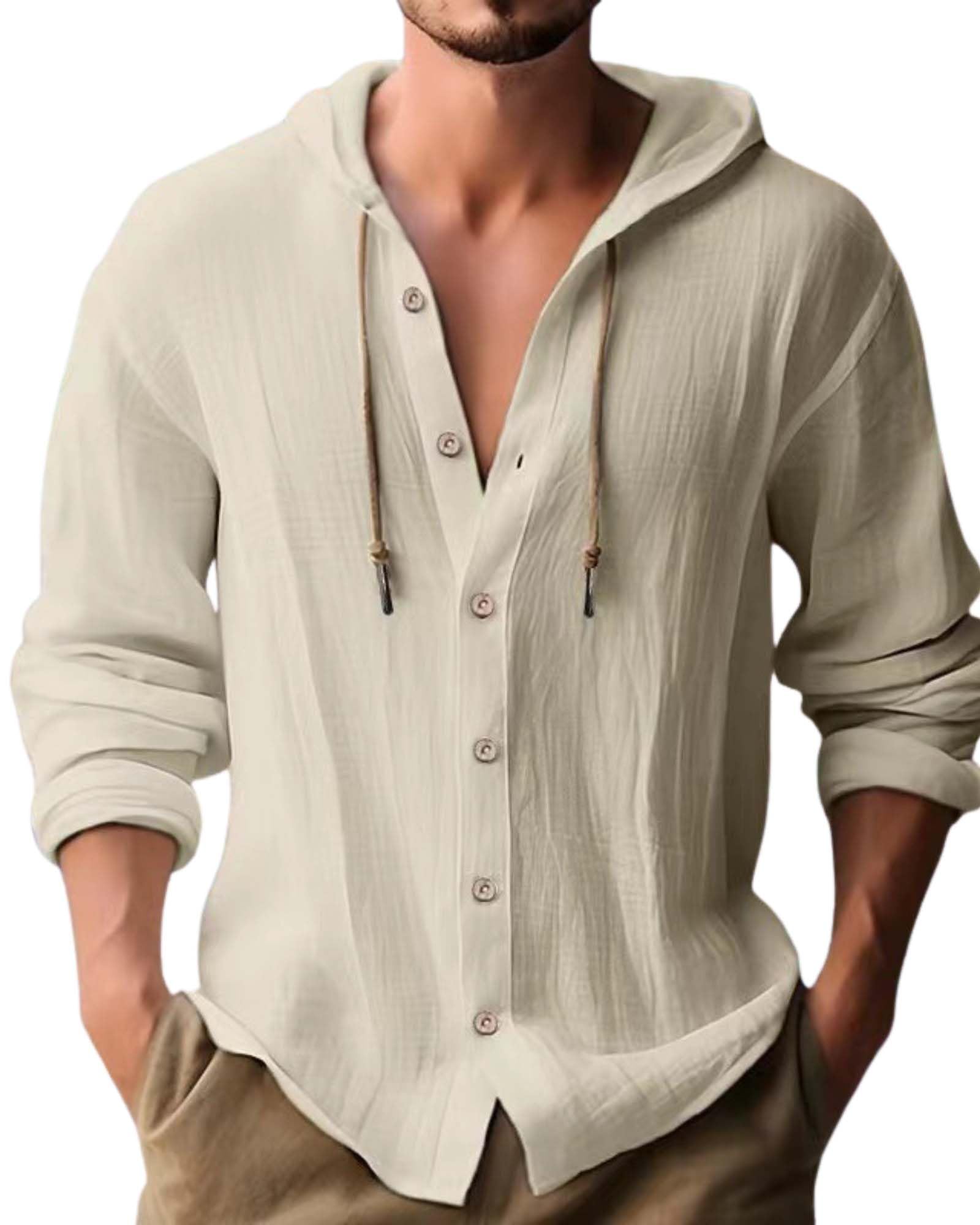 Cotton Linen Hoodie for Mens Summer Casual Long Sleeve Solid Button Down Hawaiian Beach Shirt Tops with Hood