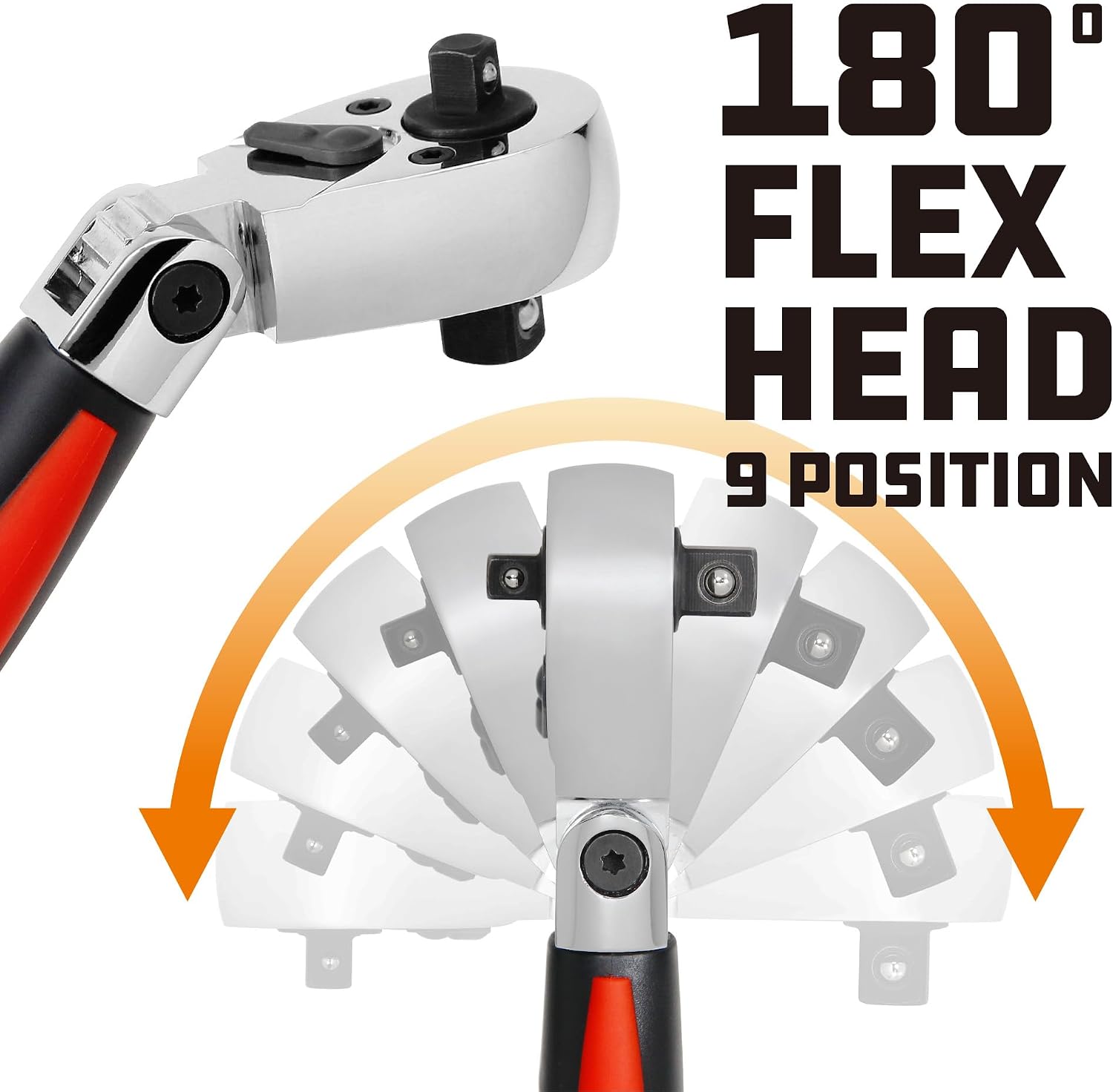 Powerbuilt 1/4 Inch and 3/8 Inch Dual Drive Flex Head Ratchet, Chrome Vanadium Steel, Compact for Tight Spaces, 72 Tooth, Reversible Switch, 5 Degree Swing, Comfort Handle - 643163GCT