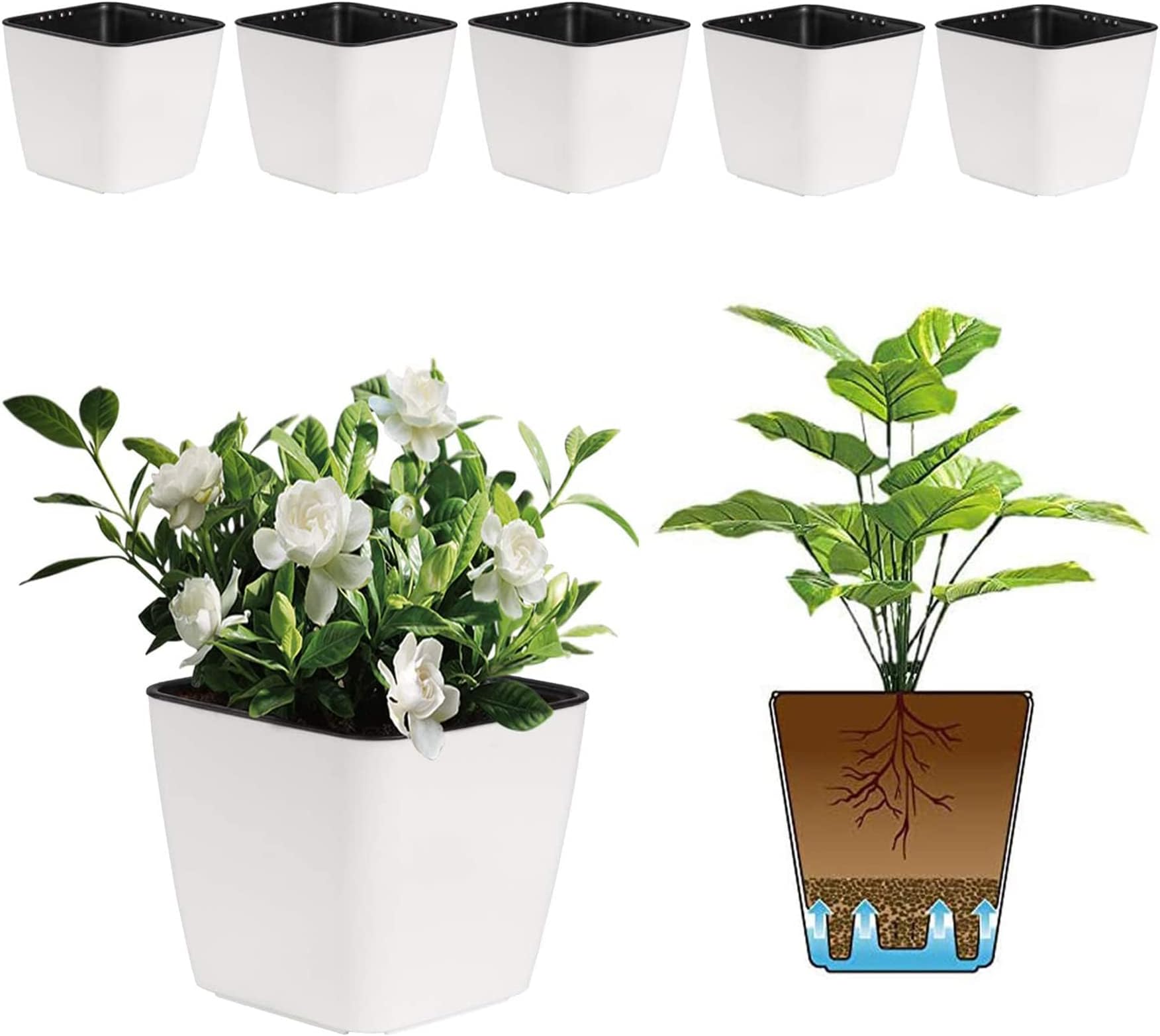 T4U 10CM Self Watering Plastic Planter with Liner Pack of 6 - Matte White, Modern Decorative Small Planter Pot for House Plants, Aloe, Herbs, African Violets, Succulents and More
