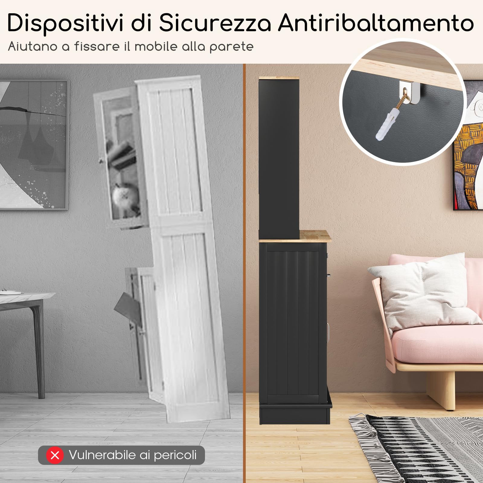 RELAX4LIFE Mobile per Pattumiera da 38 L, Armadio Alto da Cucina con Spazzatura Ribaltabile, 3 Ripiani Regolabili e 2 Cassetti Estraibili, Credenza per Rifiuti per Cucina e Sala Da Pranzo (NERO)