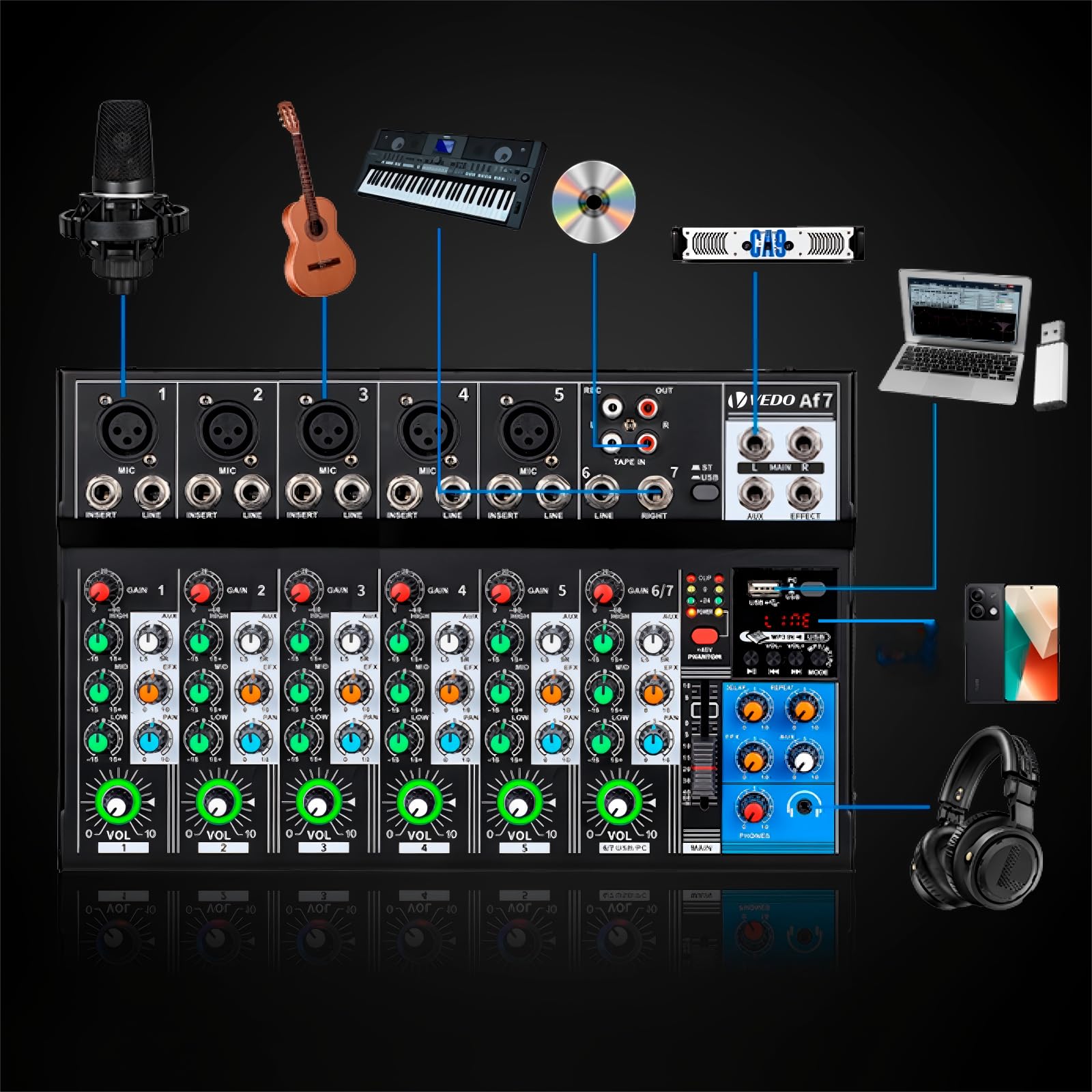 VEDO Mixer de áudio,AF7 7 canais Mixer de placa de som com