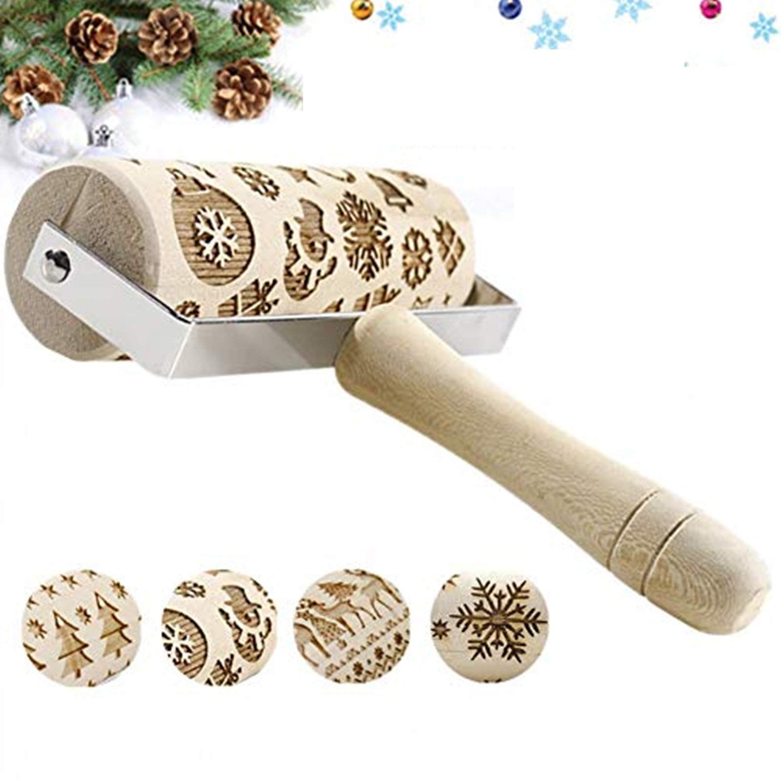 Rodillo de amasar con patrón de Navidad en Relieve de Madera 3D, Rodillo for Hornear Pizza de pastelería Grabado con láser for Hornear Galletas de Navidad Antiadherente /3291
