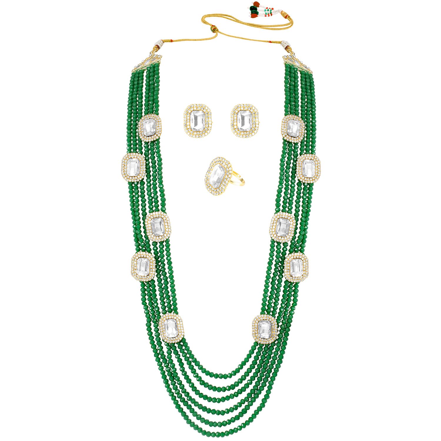 AheliGold Plated Green Beads Studded Ethnic Long Necklace Stud Earrings & Finger Ring Set Traditional Fancy Jewellery Gift for Women