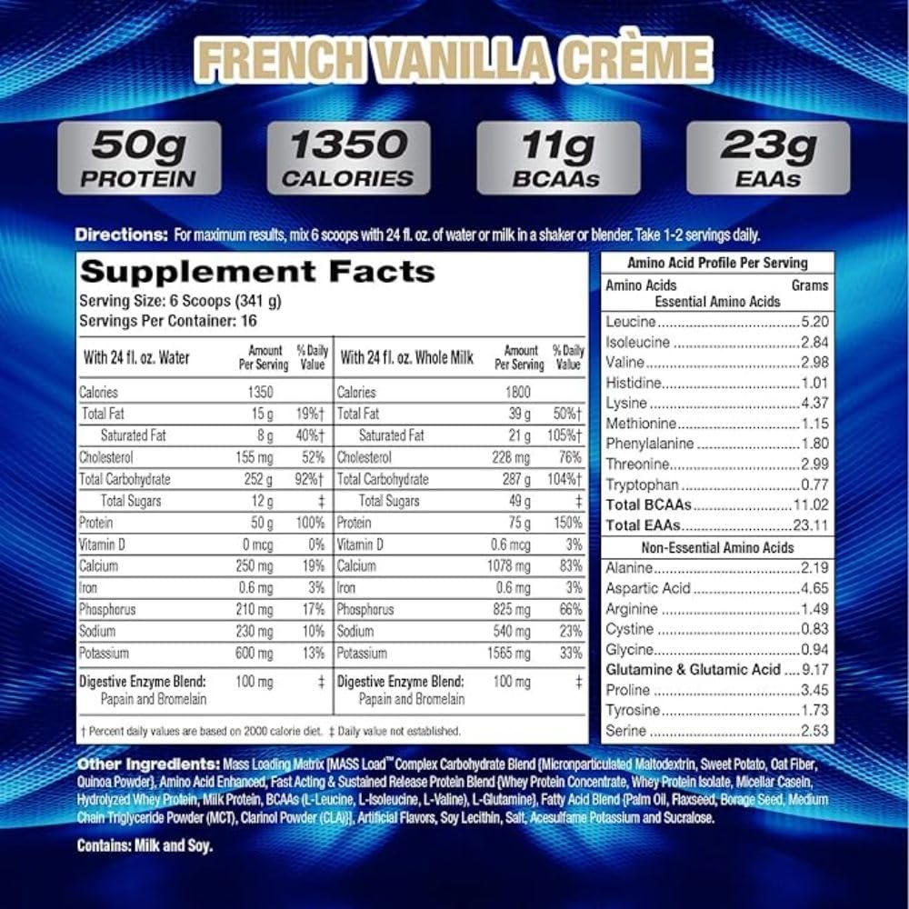 MHP UYM XXXL 1350 Mass Building Weight Gainer, Muscle Mass Gains, w/50g Protein, High Calories, 11g BCAAs, Leucine, French Vanilla Creme, 16 Servings