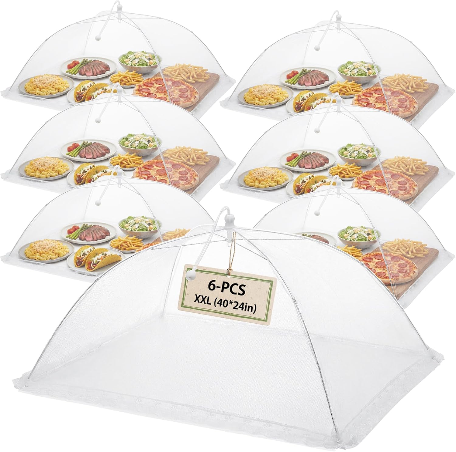 Hushee 6 Pcs 40 x 24 Inch Extra Large Food Covers for Outside Mesh Reusable and Collapsible Food Nets Pop up Umbrella Screen Tents for Outside Picnic BBQ Camping Party Supplies
