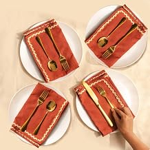 Folkulture Cloth Napkin | Set of 4, 18 inches | Kitchen Table Decor, Spring Decor Napkin | Burnt Orange, Beige Embroidered Summer Napkins for Home | House Warming Gifts New Home Essentials