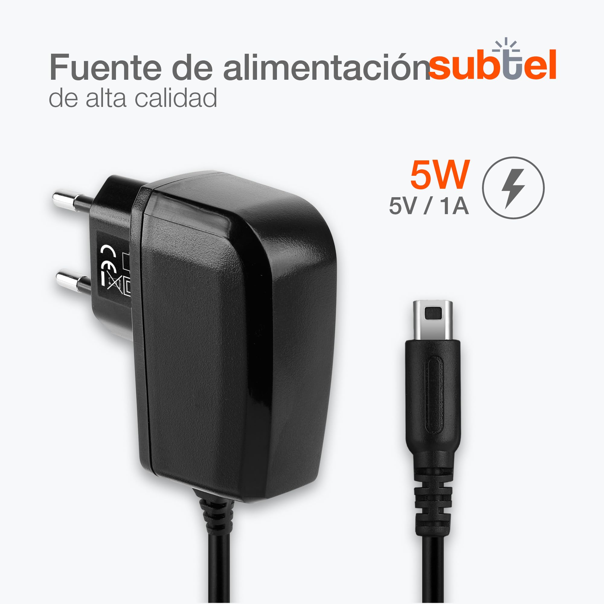 subtel Cargardor Compatible con Nintendo DSi XL, New 3DS, 3DS, DS | System Conector, 1,1m, 100V - 250V, para Nintendo New 3DS XL, 3DS XL, DSi, 2DS, 2DS, WAP-002