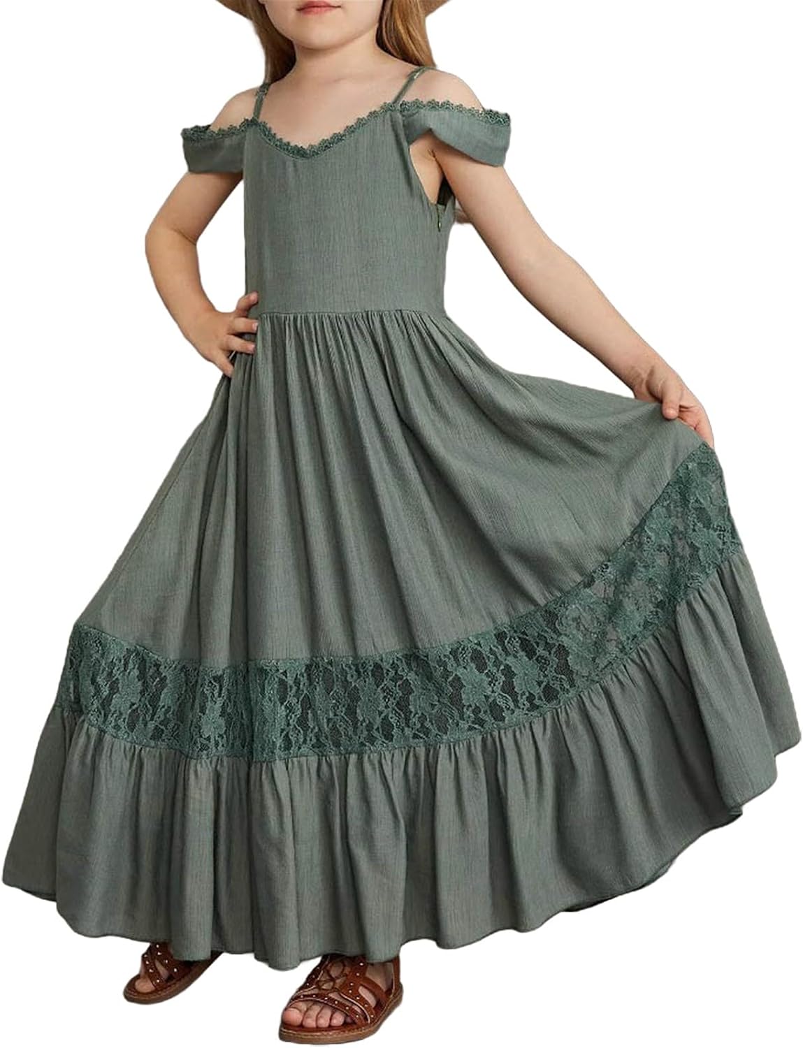 KAGAYD Girls Ruffle Tiered Dress Off Shoulder Flowy Big Swing Boho Dresses Lace Stitching Suspender Sundresses