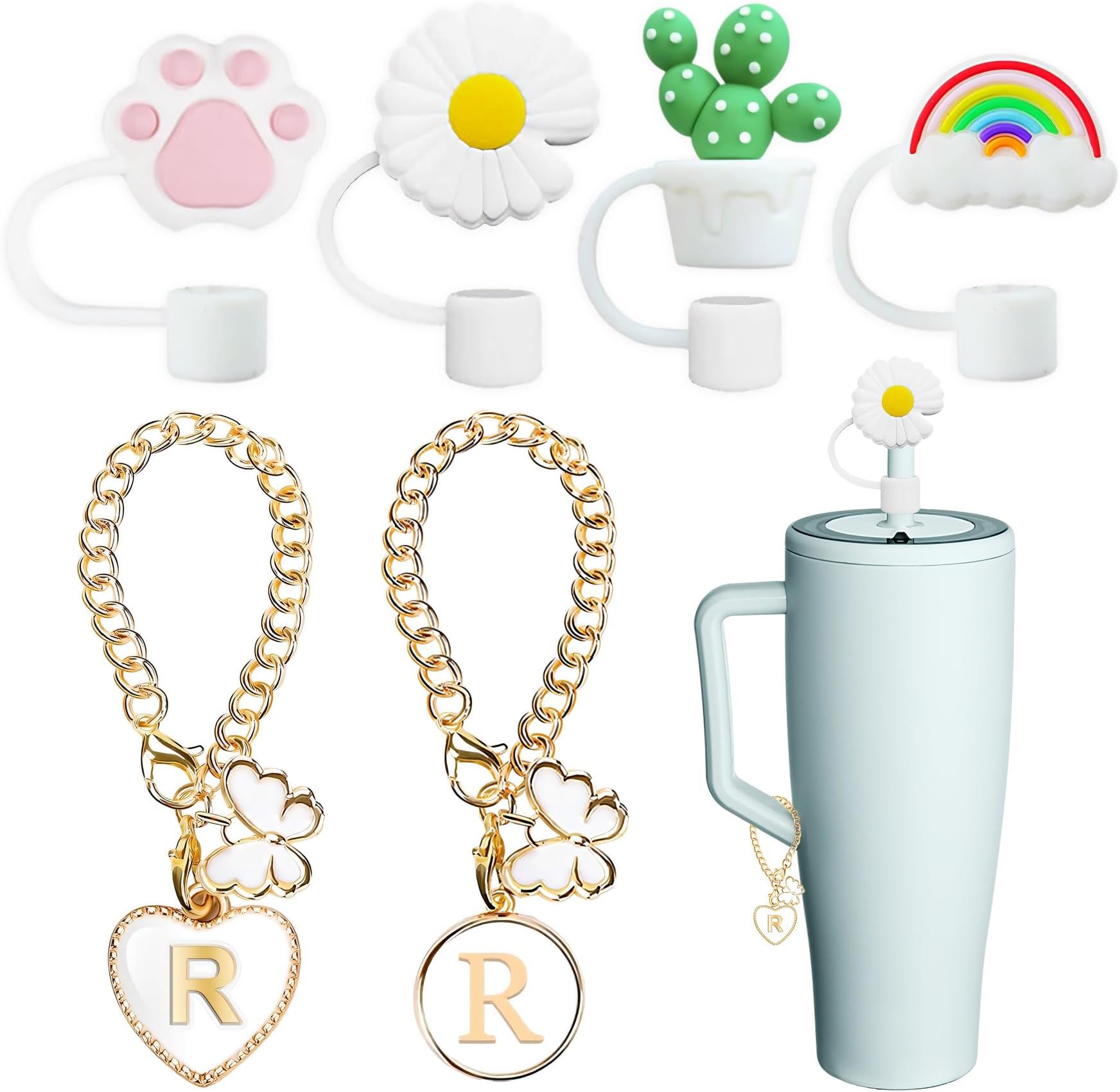 Compatible with Brumate Era Cup Accessories, 4PCS 12mm Cute Straw Cover Cap for Brumate Era Straw Toppers, 2PCS Butterfly Letter Charms for Brumate Cups 30&40 Oz with Handle(R)