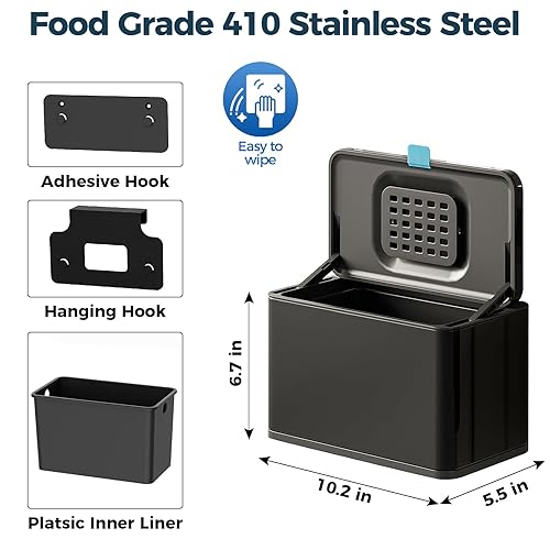 Miniatura 6 de Basurero colgante de acero inoxidable con tapa y cubo interior, contenedor de abono de cocina de 1 galón para encimera, debajo del fregadero o