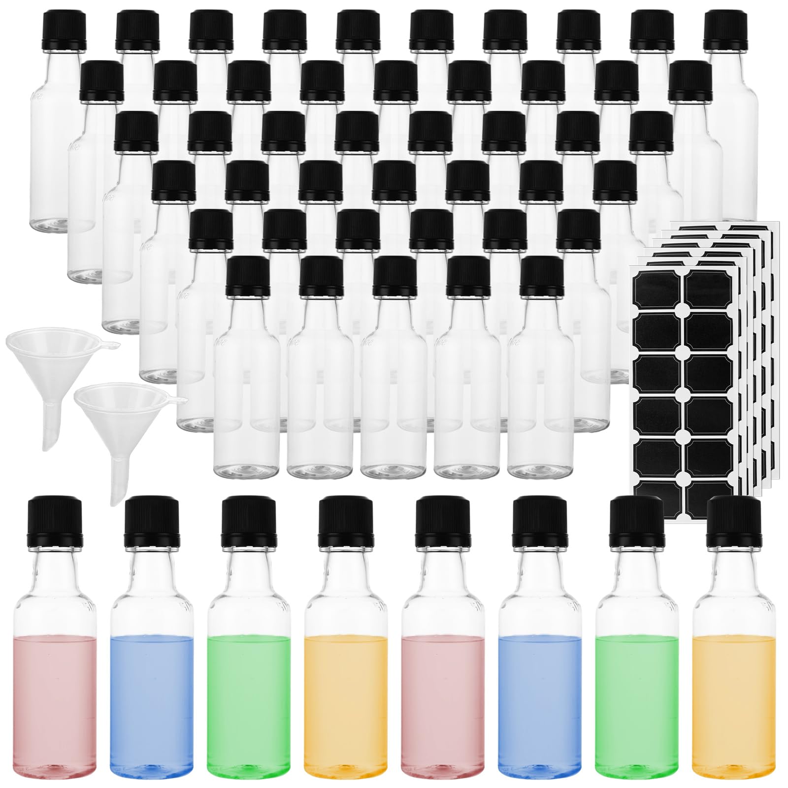 Lot de 70 mini bouteilles d'alcool, bouteilles à spiritueux avec bouchon noir, 50 ml - Bouteilles hermétiques en plastique avec entonnoirs pour cocktail, fête, mariage