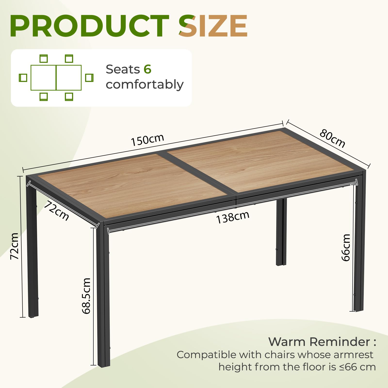 LIFERUN Gartentisch Groß, 150×80×72 cm DPC Balkontisch, Rechteckiger Terrassentisch mit Metallgestell, Rutschfester Esstisch Outdoor für 6 Personen, Anthrazit