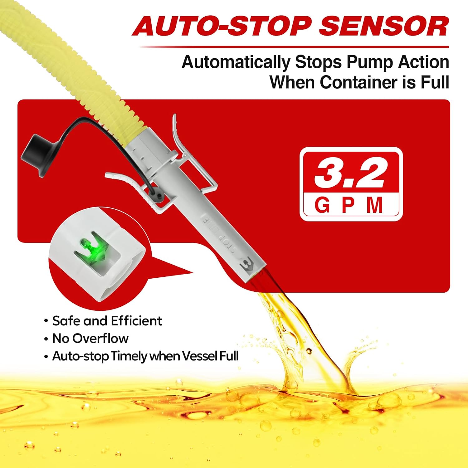 Fuel Transfer Pump with Auto-Stop, 3.2 Gallon per Min, 51" Extra Long Hose, Battery & USB Powered, 4 Can Adapters, Fast and Safe Gas Pump for Oil, Diesel and Gasoline 3.2 GPM Auto Stop Nozzle