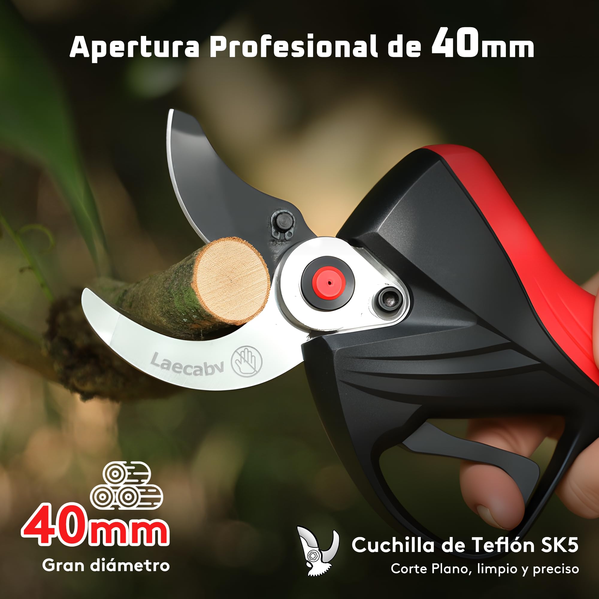 Laecabv Tijeras de Podar Eléctricas Profesionales LA40Pro, 40mm Corte Progresivo, 2x4.0Ah Baterías (12h), 2 Años de Garantía para el Cuerpo, Conector de Cintura y Pantalla LCD para Olivos y Viña